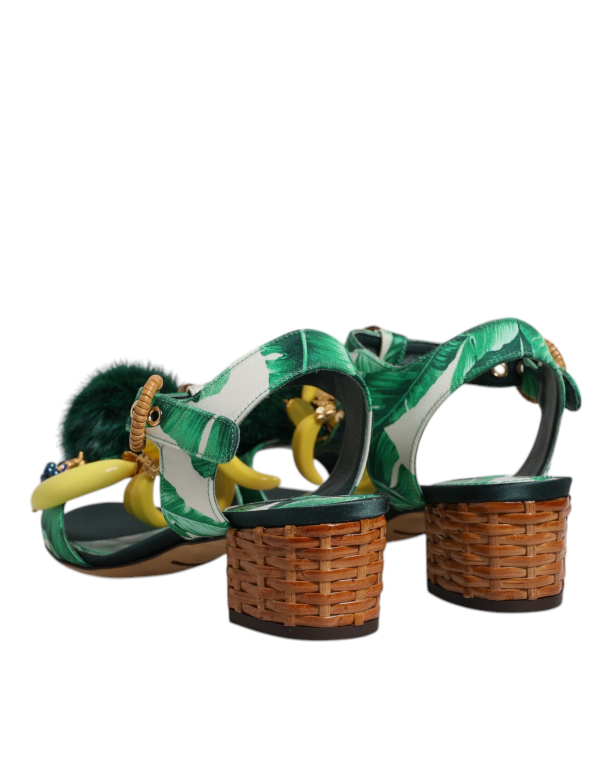 Dolce & Gabbana Green Crystal Fur Embellished Sandals Shoes-5