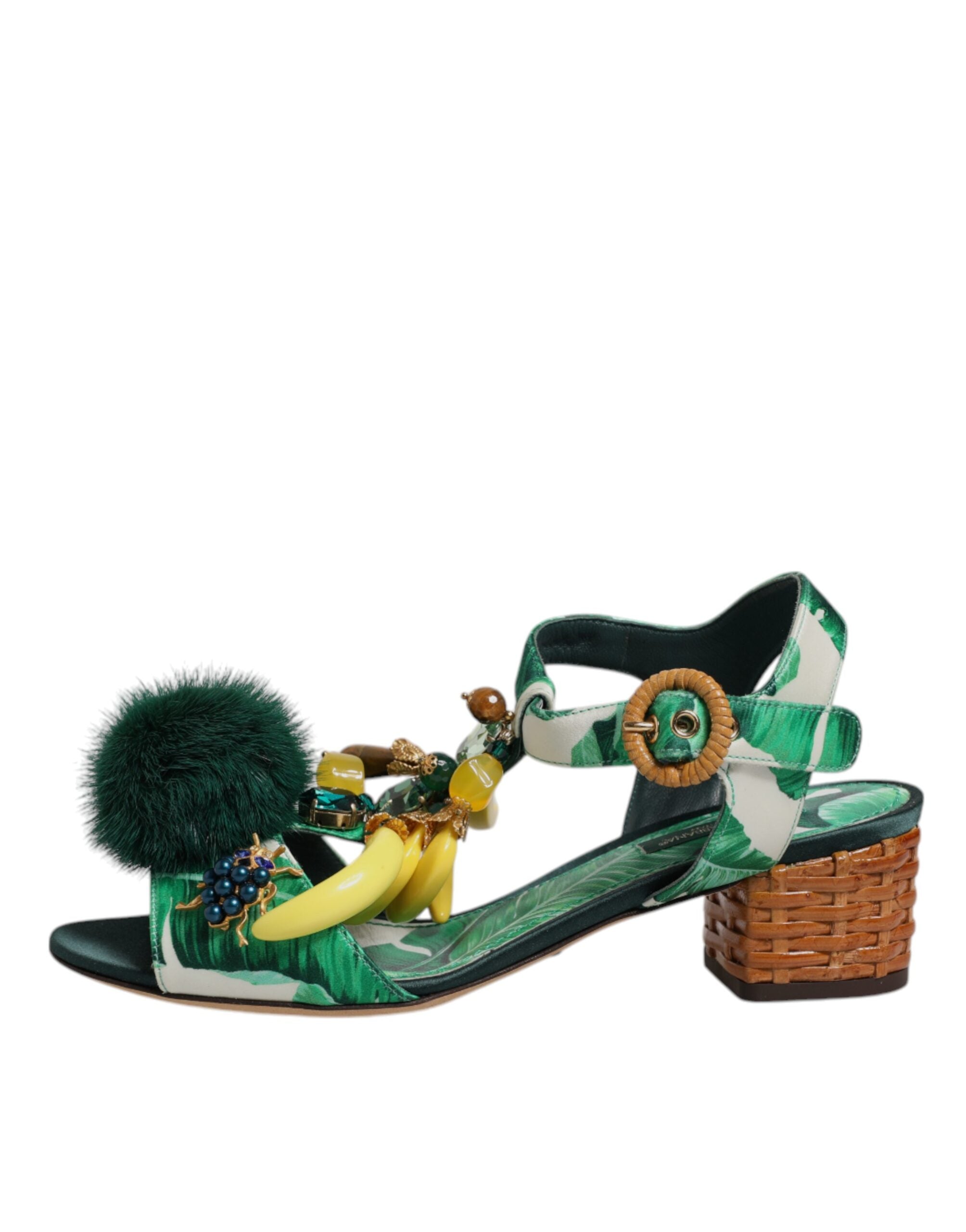 Dolce & Gabbana Green Crystal Fur Embellished Sandals Shoes-6