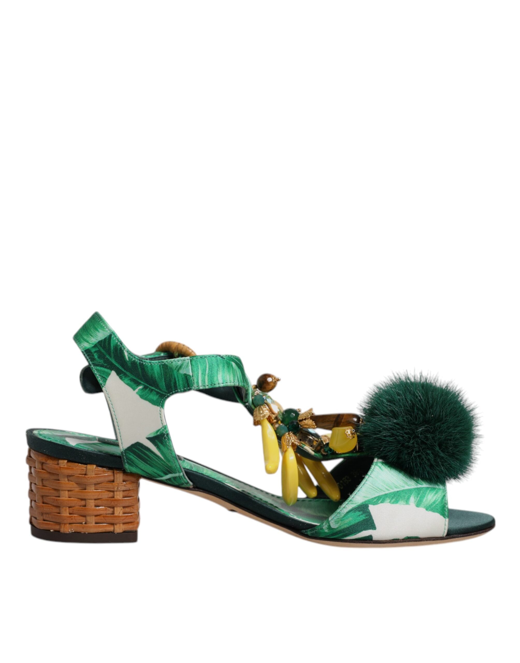 Dolce & Gabbana Green Crystal Fur Embellished Sandals Shoes-7