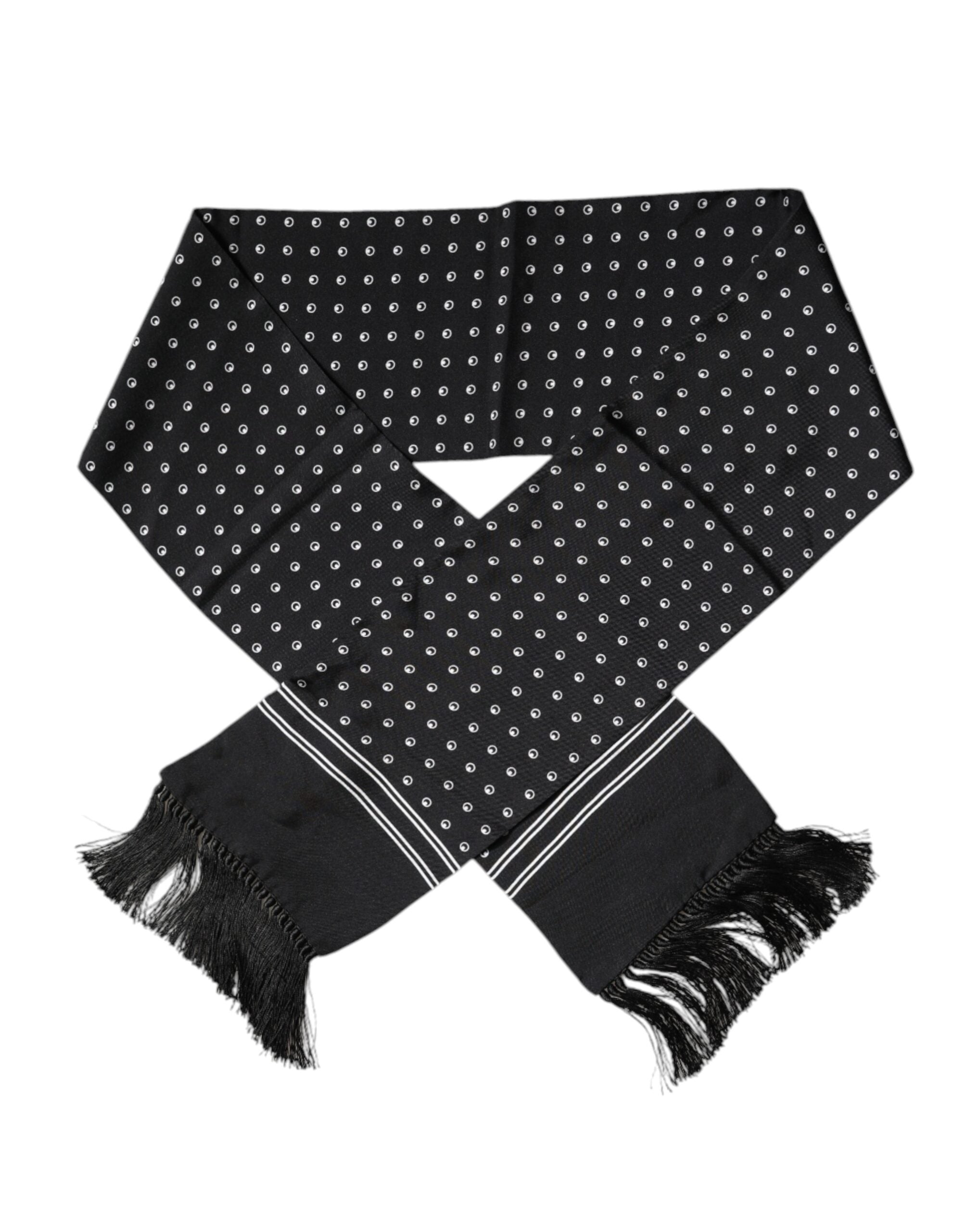 Dolce & Gabbana black and white polka dot silk scarf with thin fringes-1