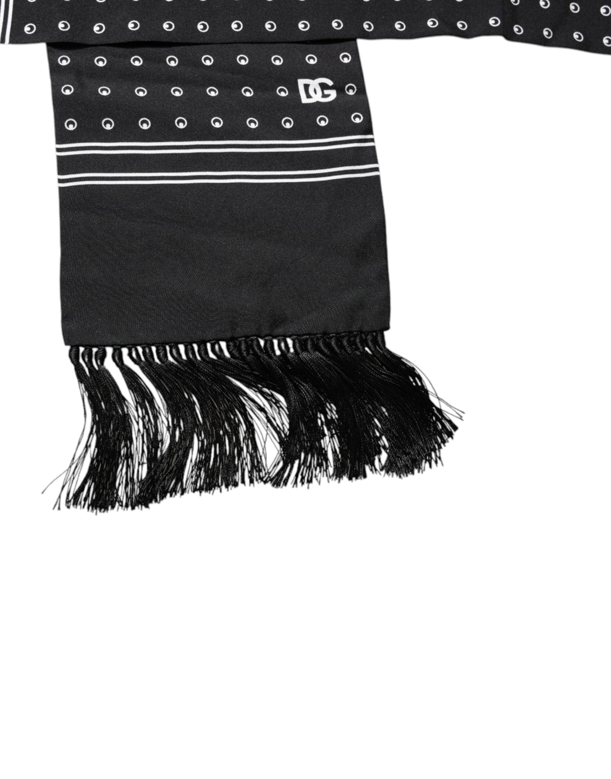 Dolce & Gabbana black and white polka dot silk scarf with thin fringes-3