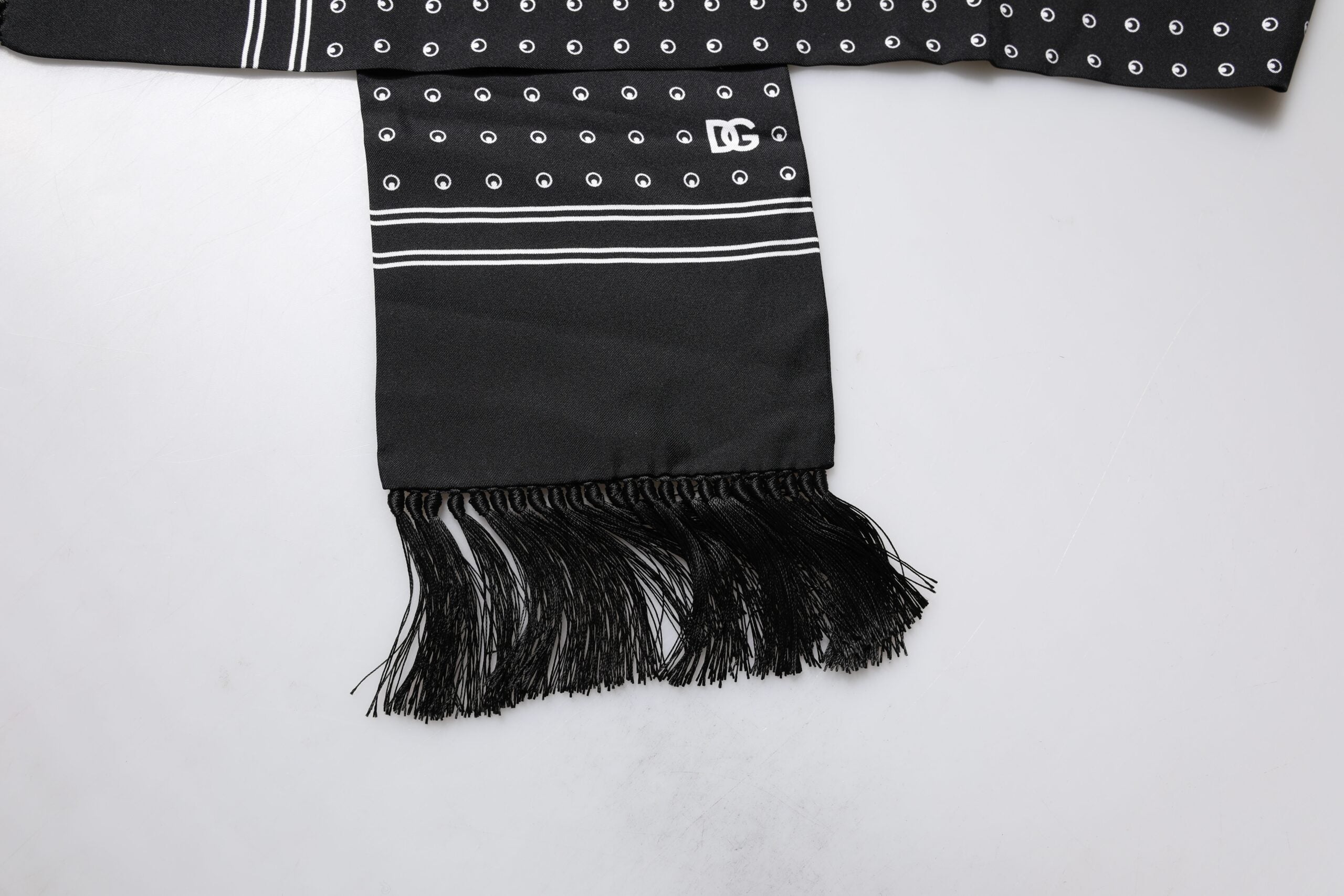 Dolce & Gabbana black and white polka dot silk scarf with thin fringes-4