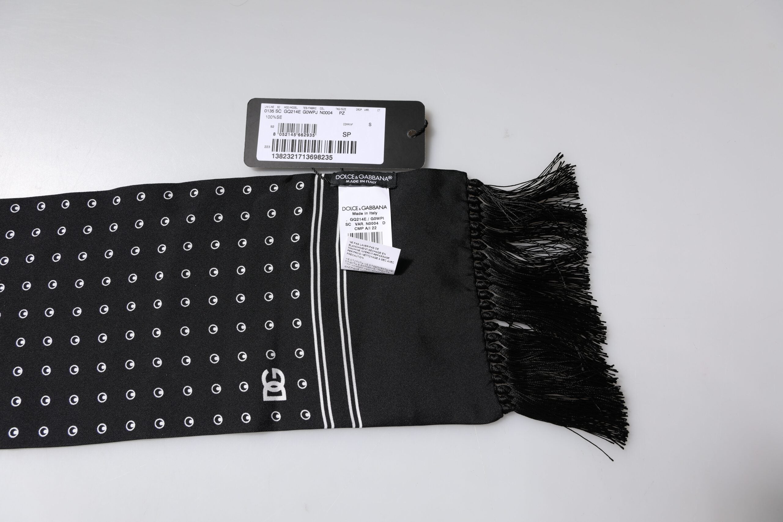 Dolce & Gabbana black and white polka dot silk scarf with thin fringes-5