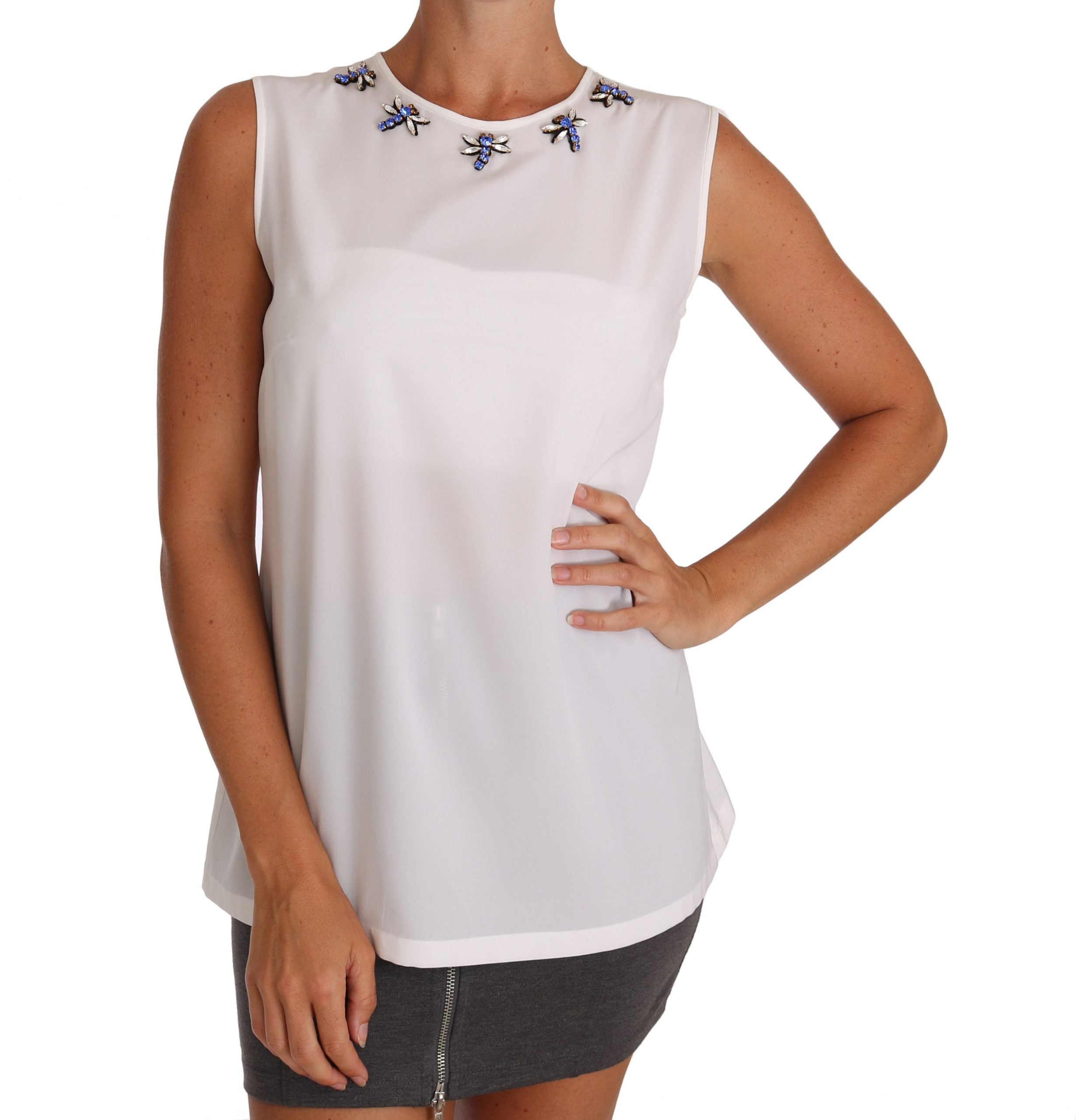 Dolce & Gabbana White Silk T-Shirt with Crystal Embellishment and Bow Tie
