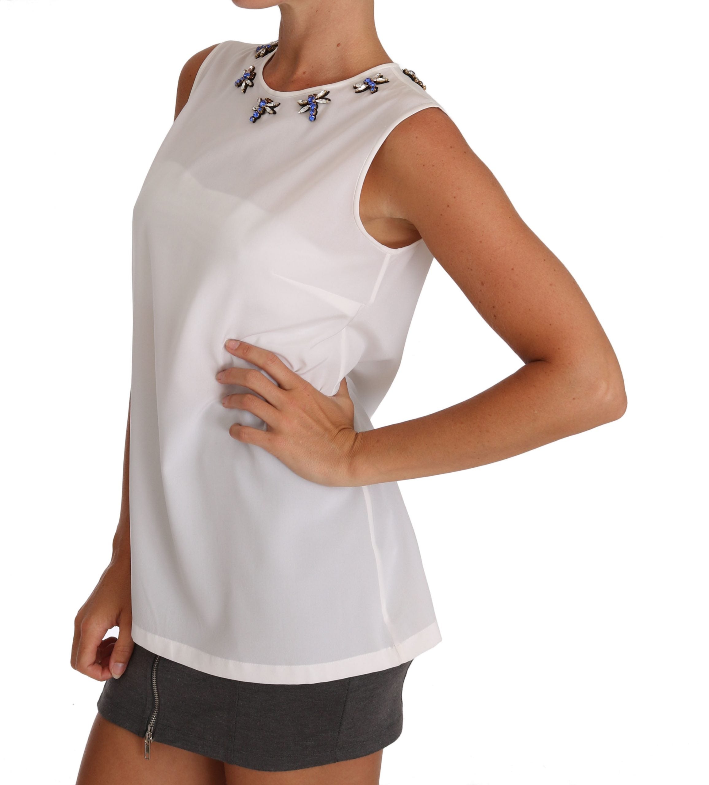 Dolce & Gabbana White Silk T-Shirt with Crystal Embellishment and Bow Tie-4