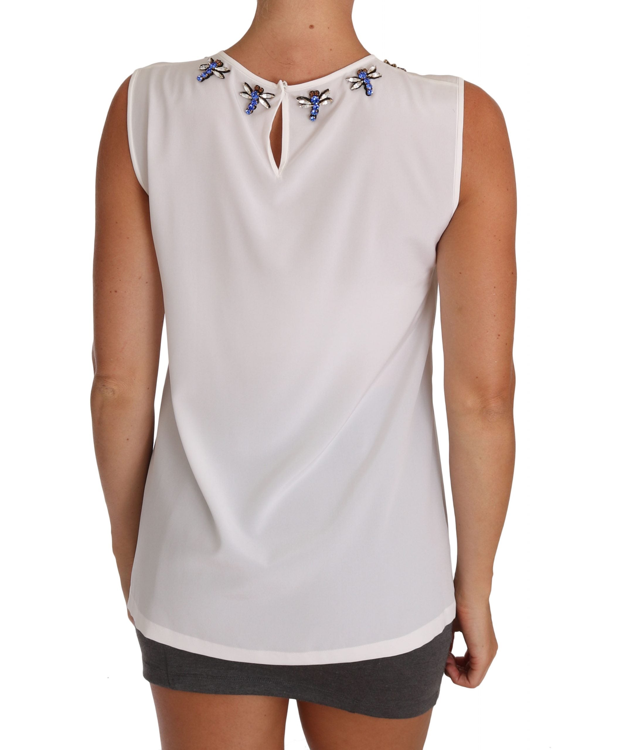 Dolce & Gabbana White Silk T-Shirt with Crystal Embellishment and Bow Tie-5