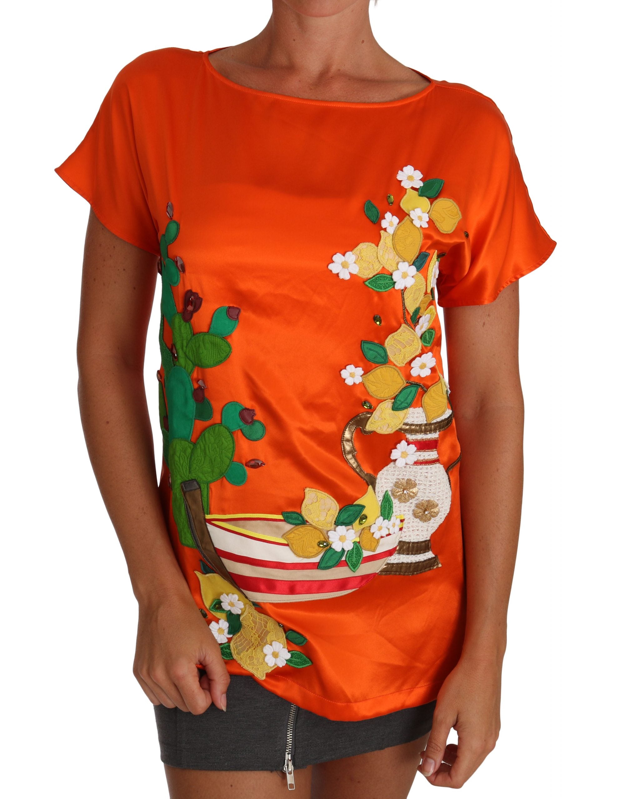 Dolce & Gabbana Silk Orange Lemon Crystal T-Shirt Top-2