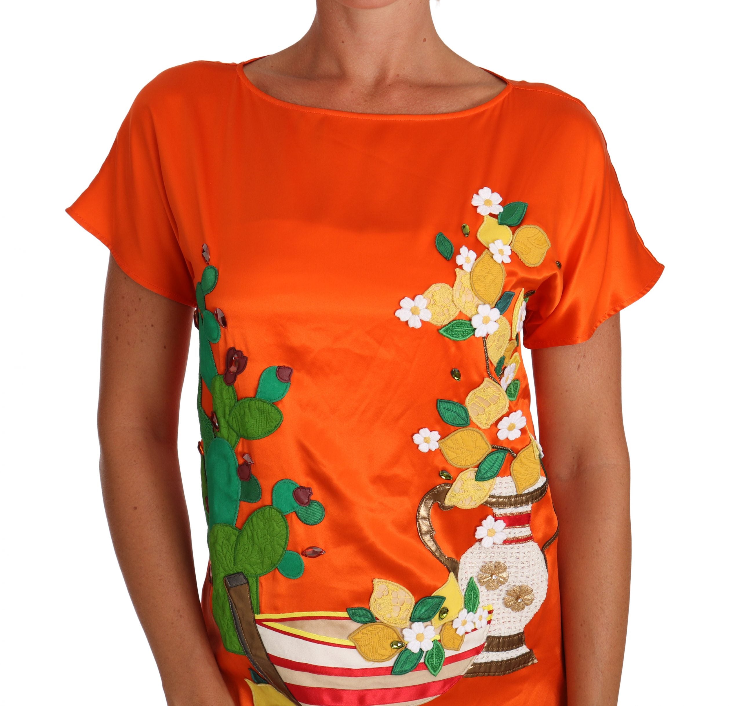 Dolce & Gabbana Silk Orange Lemon Crystal T-Shirt Top-3