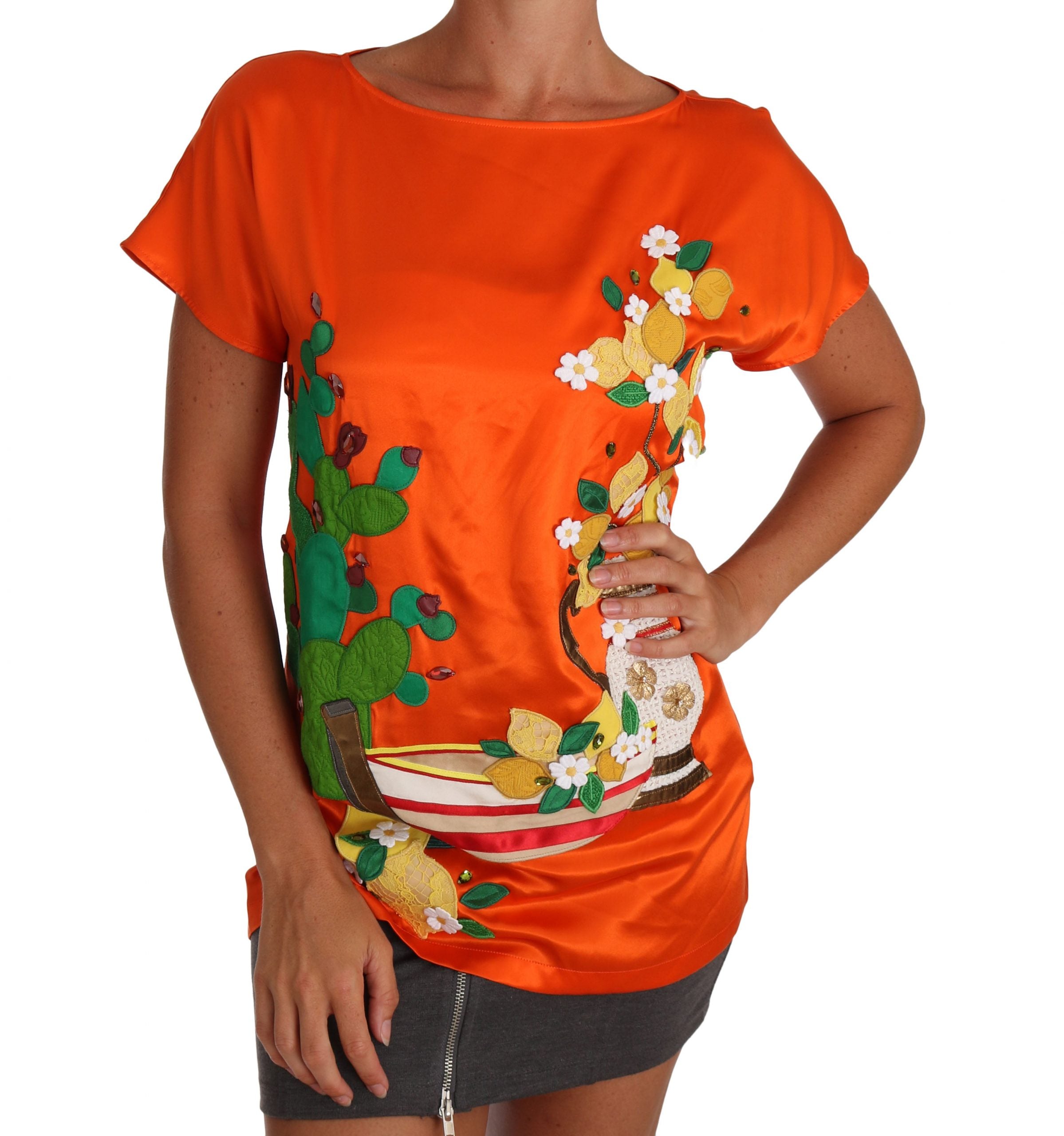 Dolce & Gabbana Silk Orange Lemon Crystal T-Shirt Top