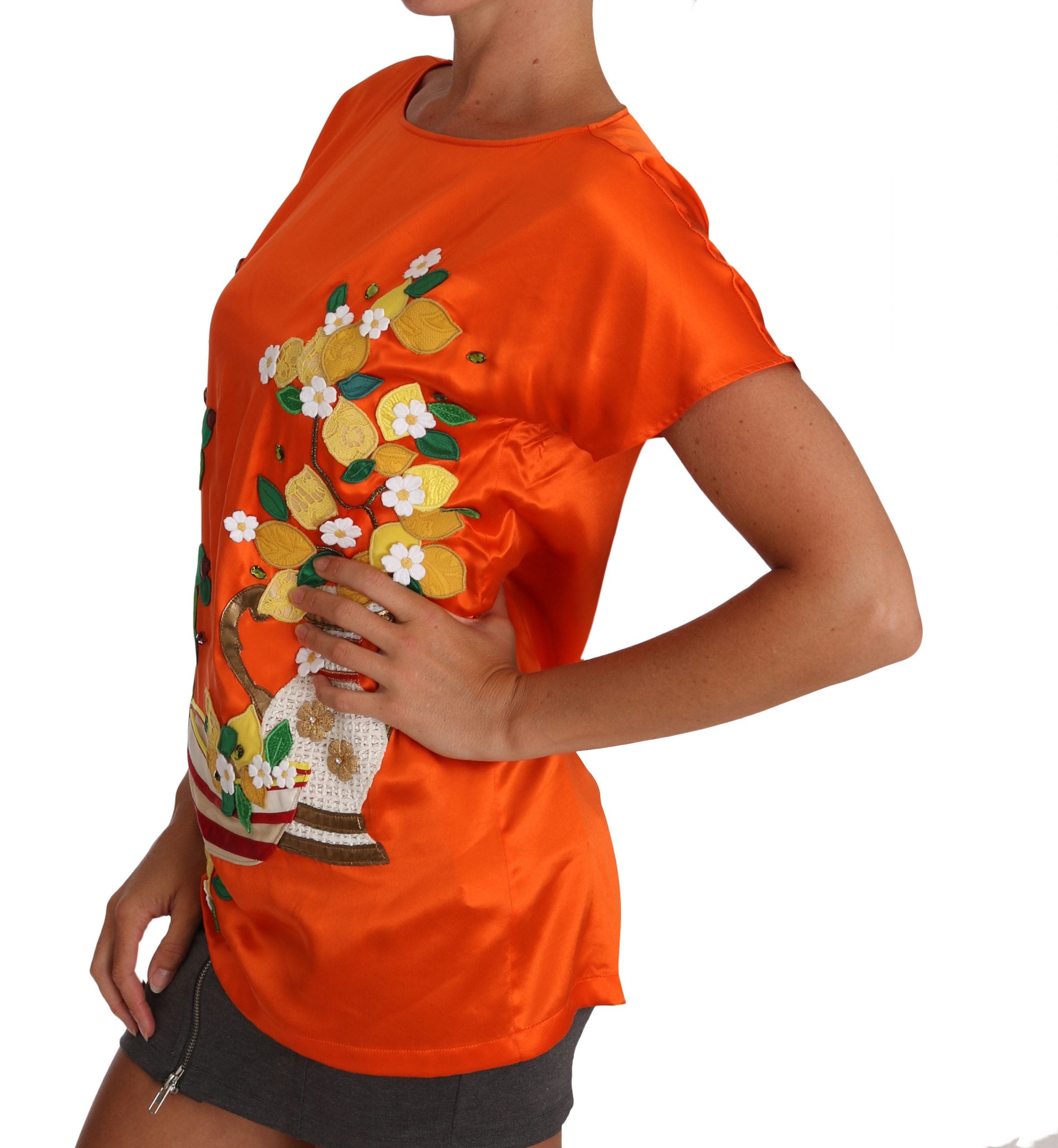 Dolce & Gabbana Silk Orange Lemon Crystal T-Shirt Top-4