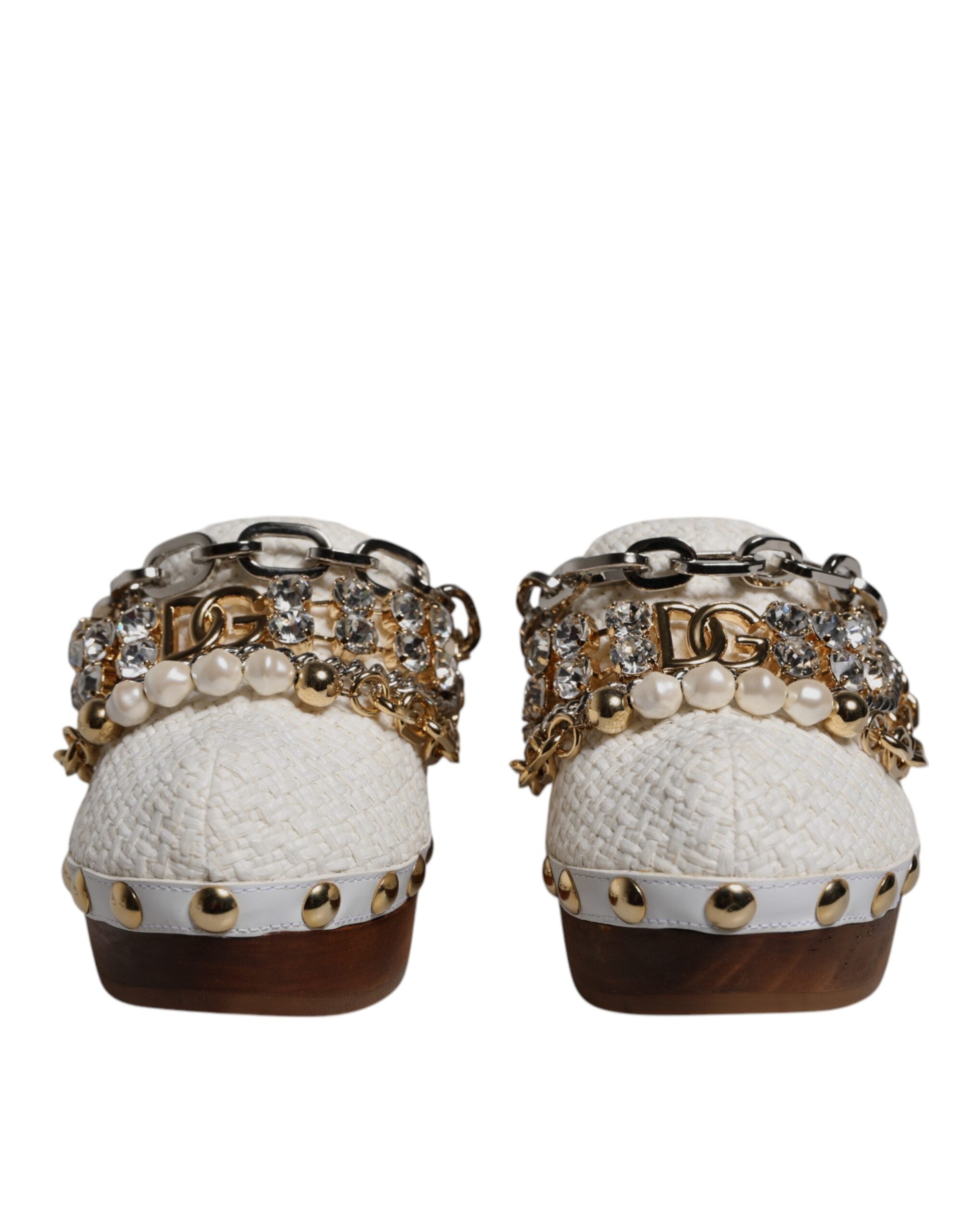 Dolce & Gabbana White Raffia Clogs Bejeweled Necklace Sandals Shoes-2
