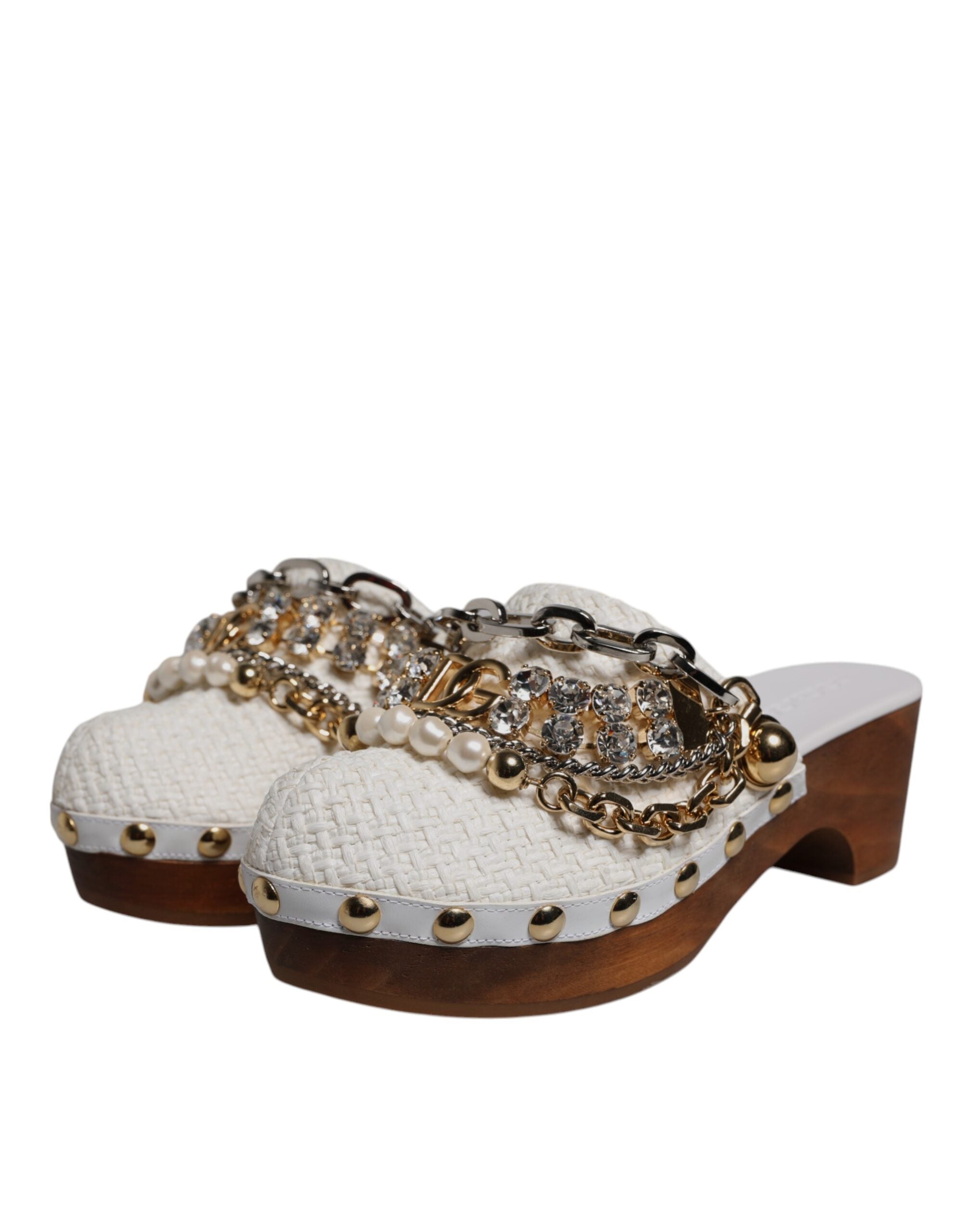 Dolce & Gabbana White Raffia Clogs Bejeweled Necklace Sandals Shoes-3