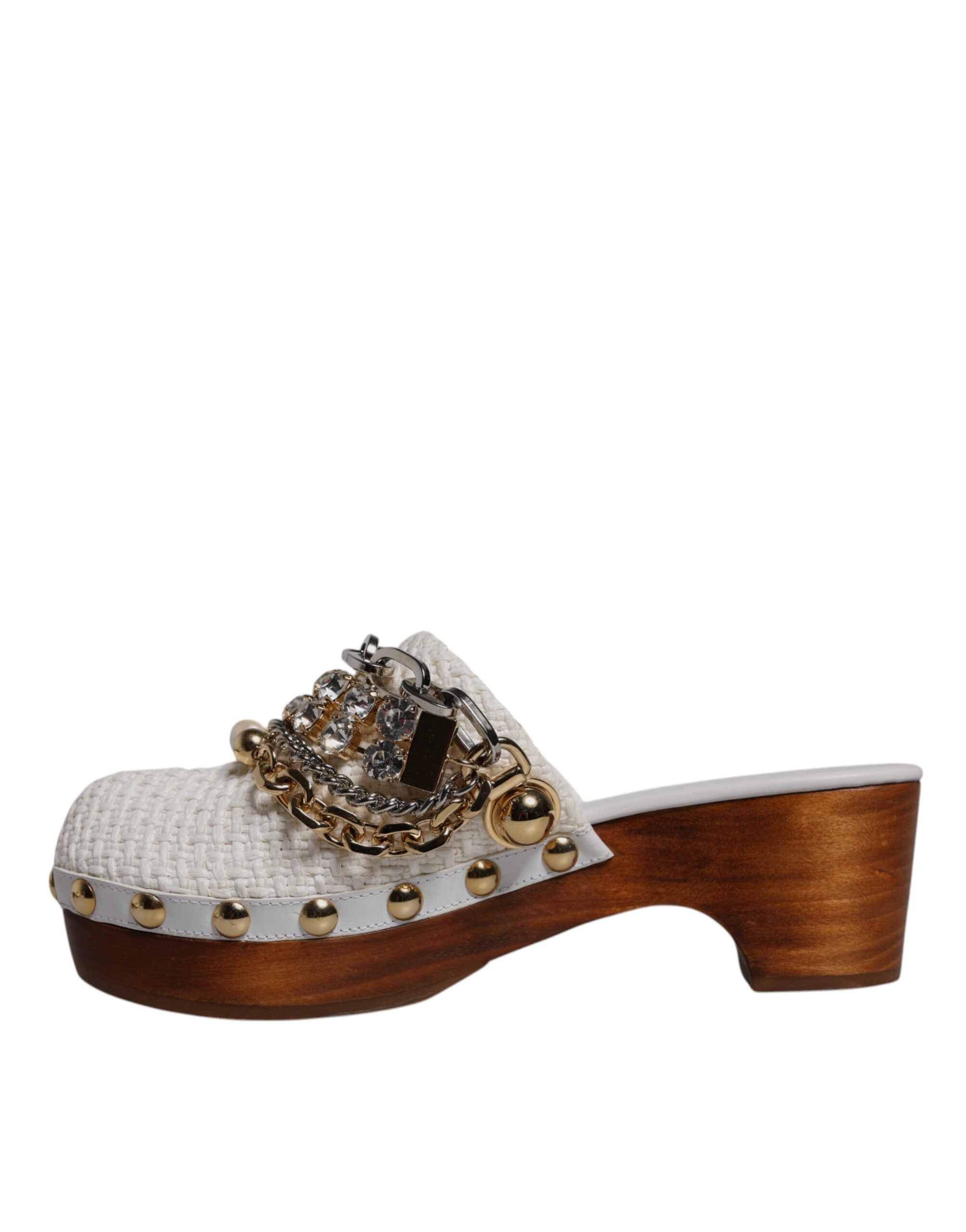 Dolce & Gabbana White Raffia Clogs Bejeweled Necklace Sandals Shoes-5