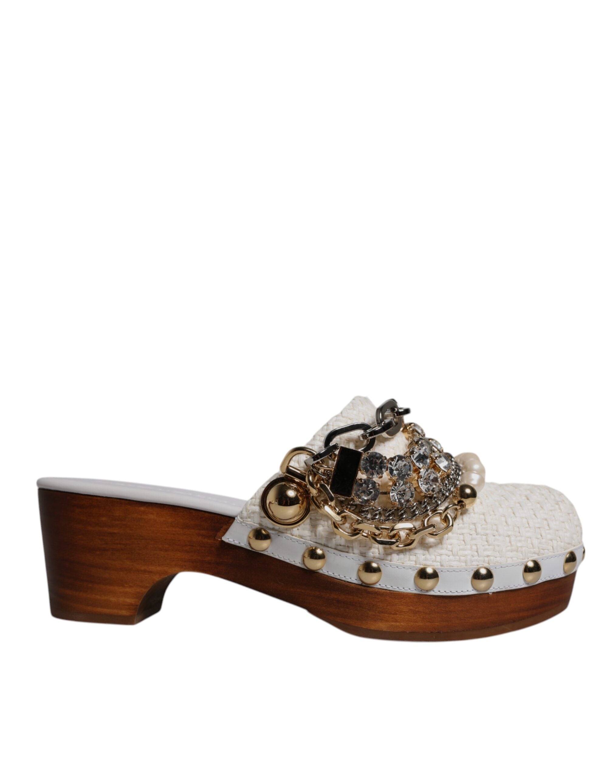 Dolce & Gabbana White Raffia Clogs Bejeweled Necklace Sandals Shoes-6