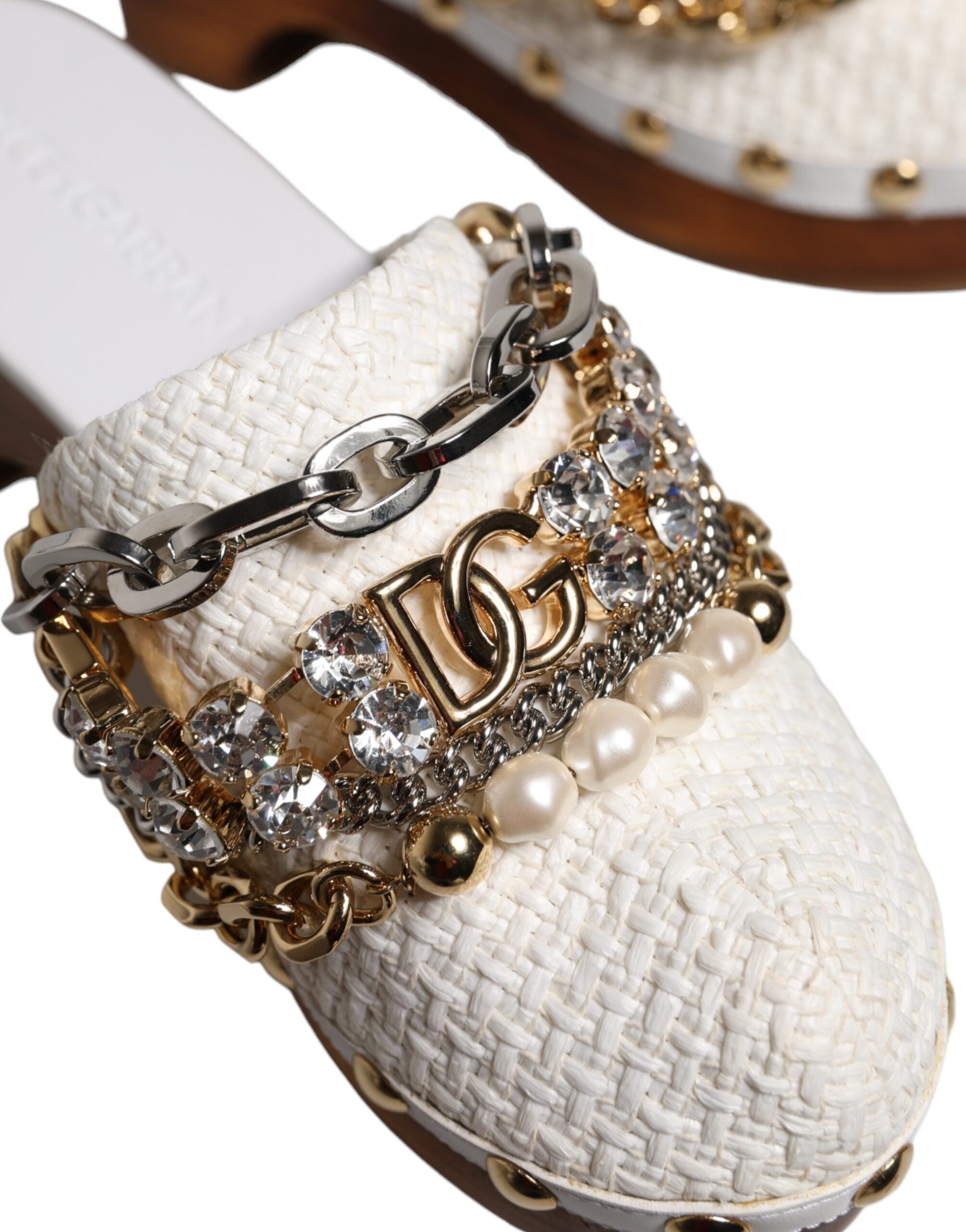 Dolce & Gabbana White Raffia Clogs Bejeweled Necklace Sandals Shoes-8