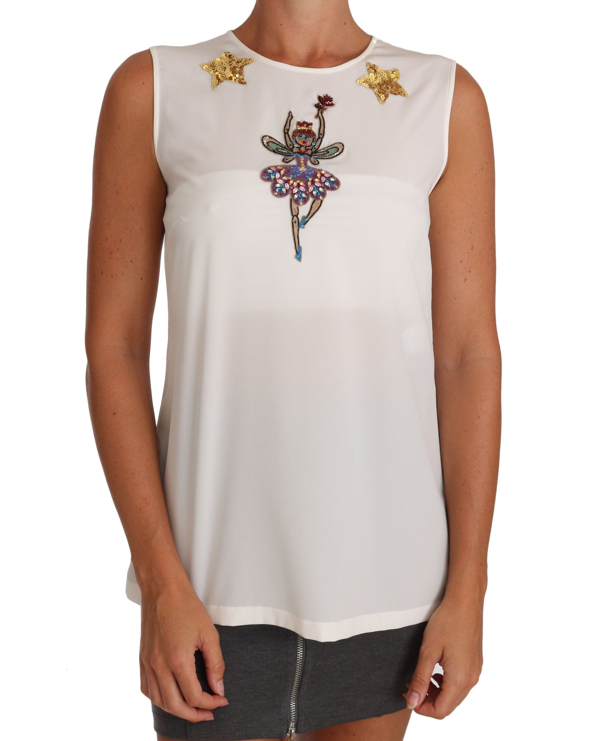 Dolce & Gabbana white silk top with sequins and crystal embellishment