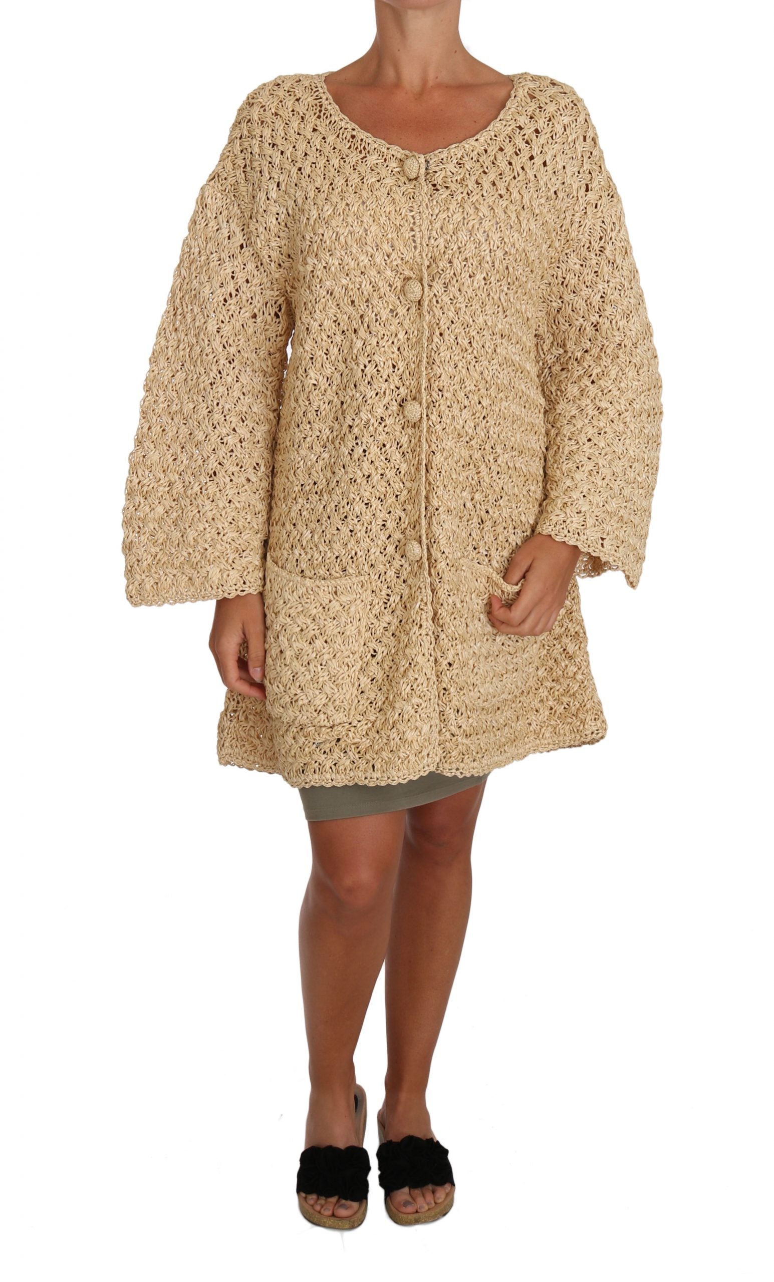 Dolce & Gabbana Beige Crochet Knit Cardigan Raffia Sweater