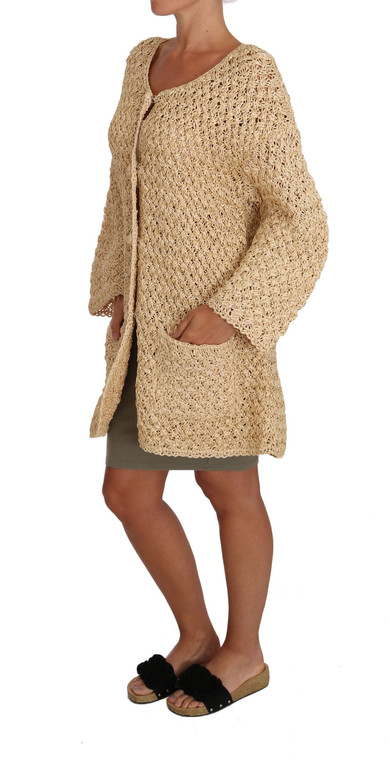 Dolce & Gabbana Beige Crochet Knit Cardigan Raffia Sweater-4