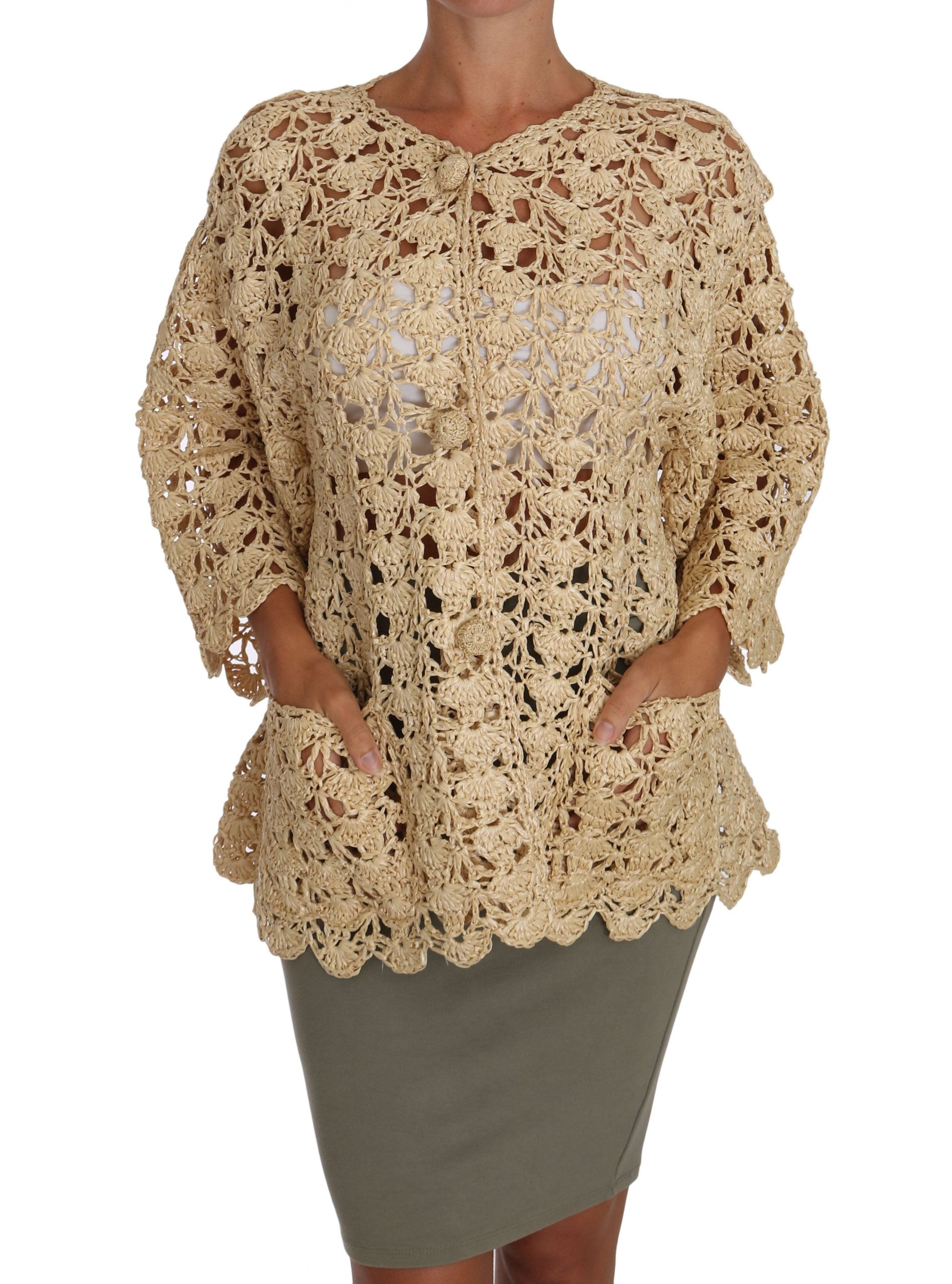 Dolce & Gabbana Beige Crochet Knit Cardigan Raffia Sweater-1