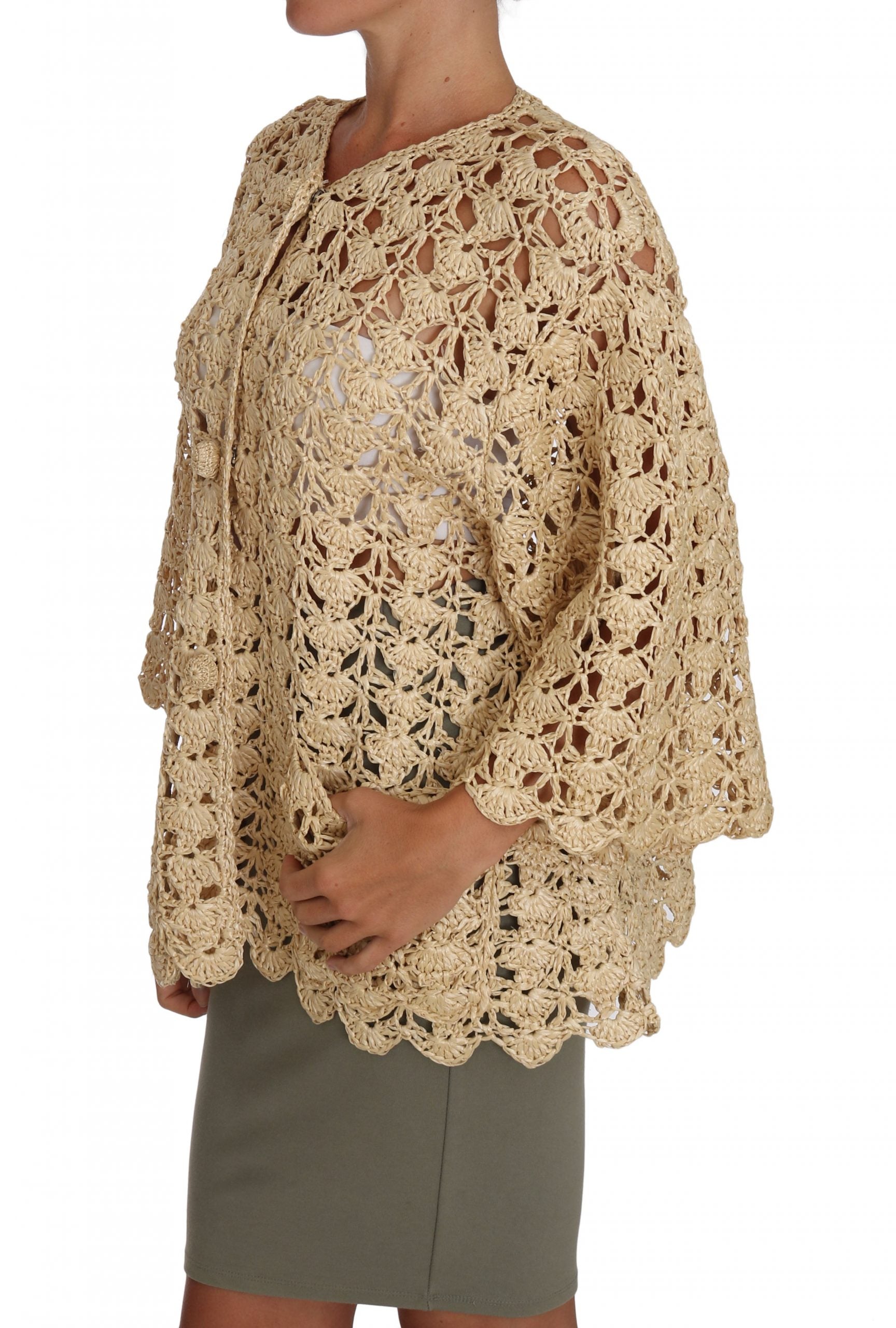 Dolce & Gabbana Beige Crochet Knit Cardigan Raffia Sweater-3