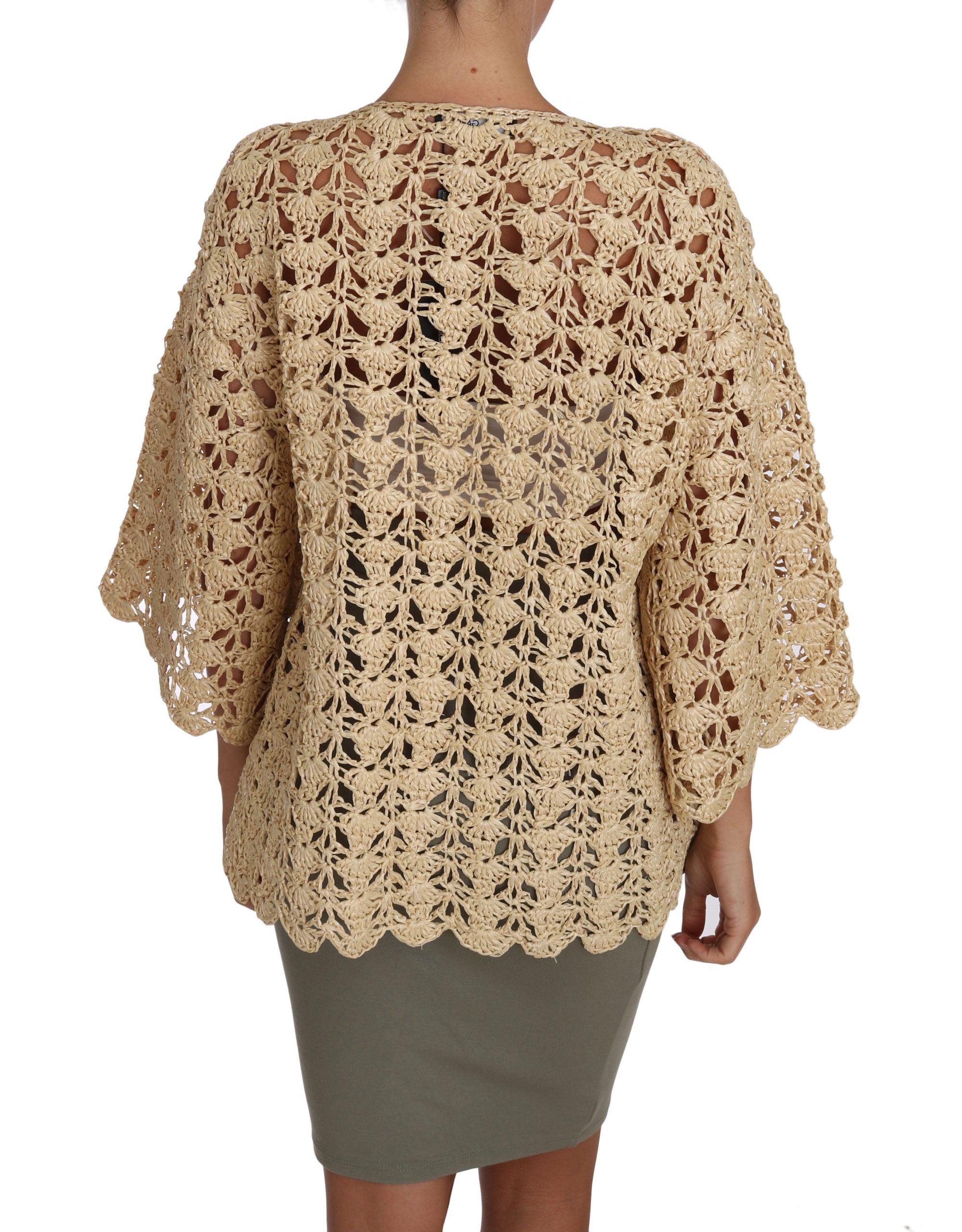 Dolce & Gabbana Beige Crochet Knit Cardigan Raffia Sweater-4