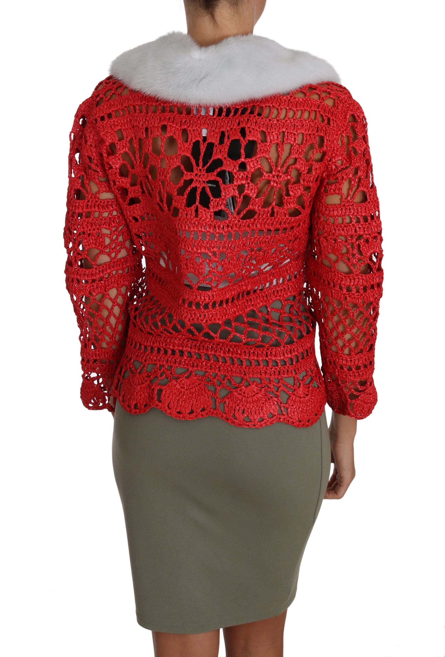 Dolce & Gabbana Red Cardigan Crocheted Knitted Raffia Sweater-2