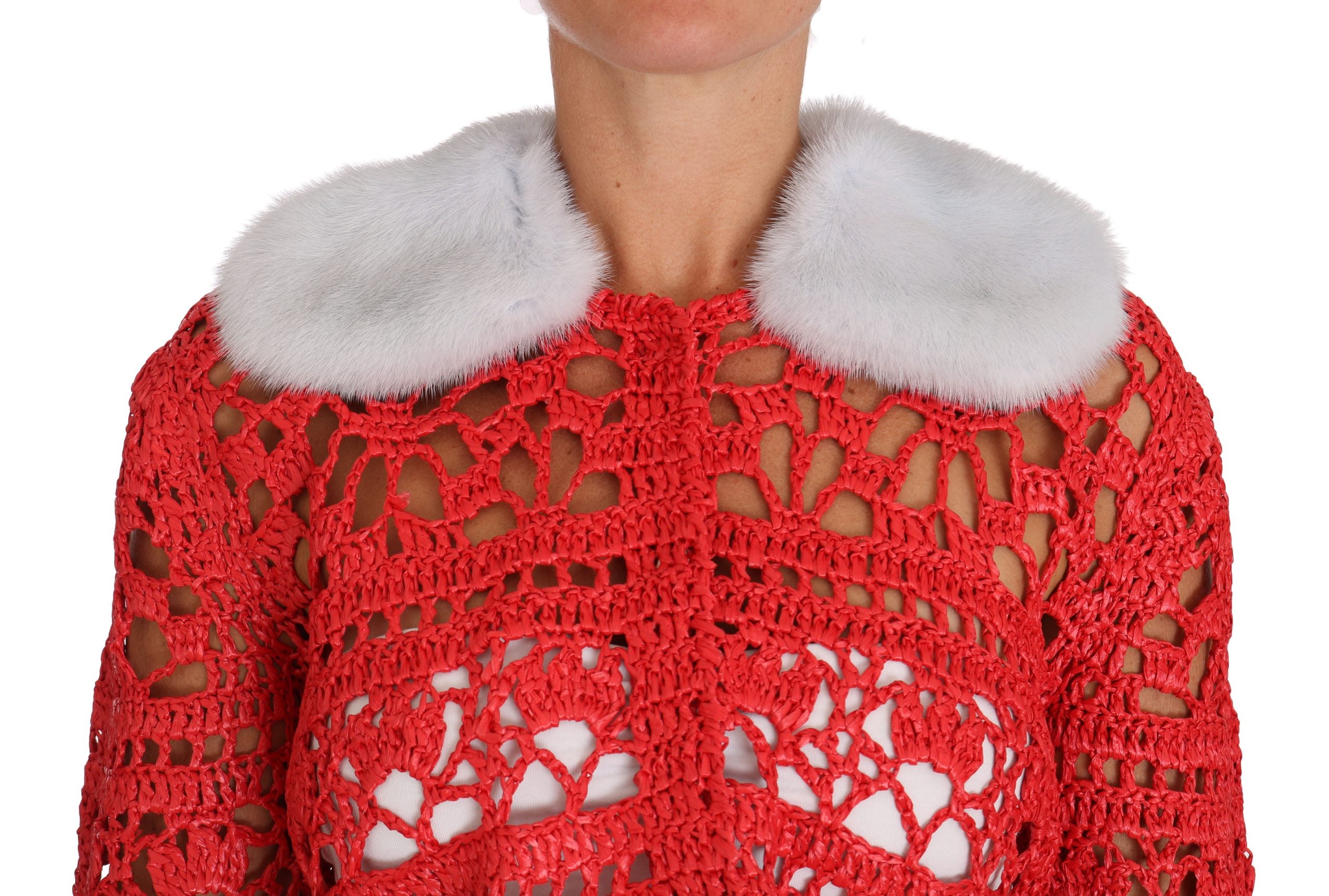 Dolce & Gabbana Red Cardigan Crocheted Knitted Raffia Sweater-3