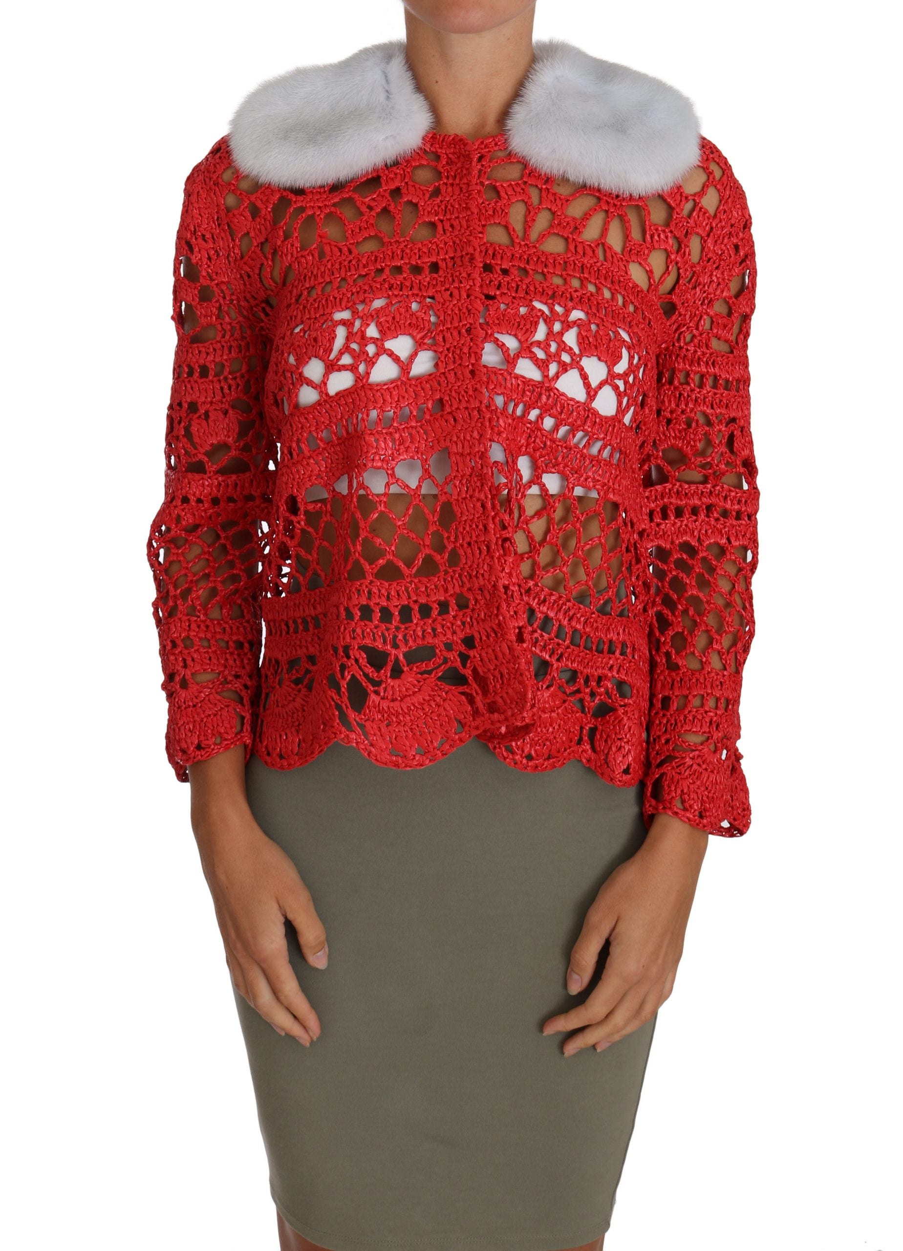 Dolce & Gabbana Red Cardigan Crocheted Knitted Raffia Sweater