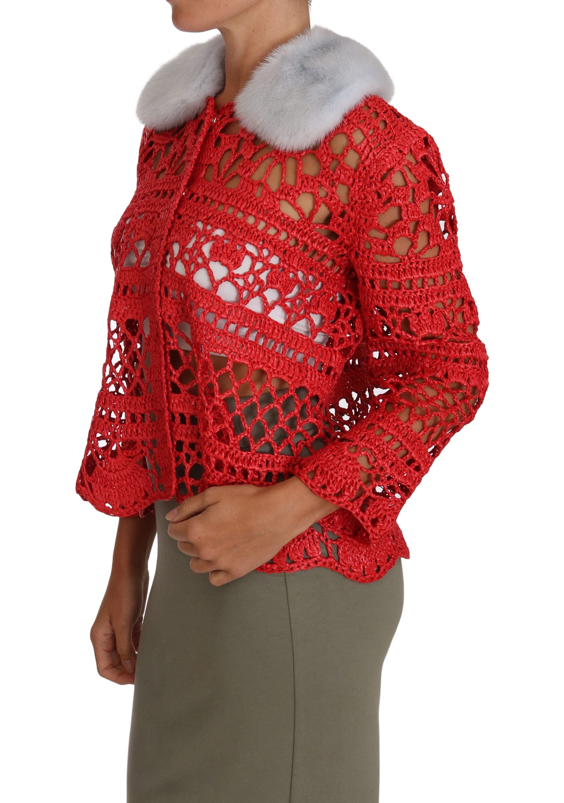 Dolce & Gabbana Red Cardigan Crocheted Knitted Raffia Sweater-4