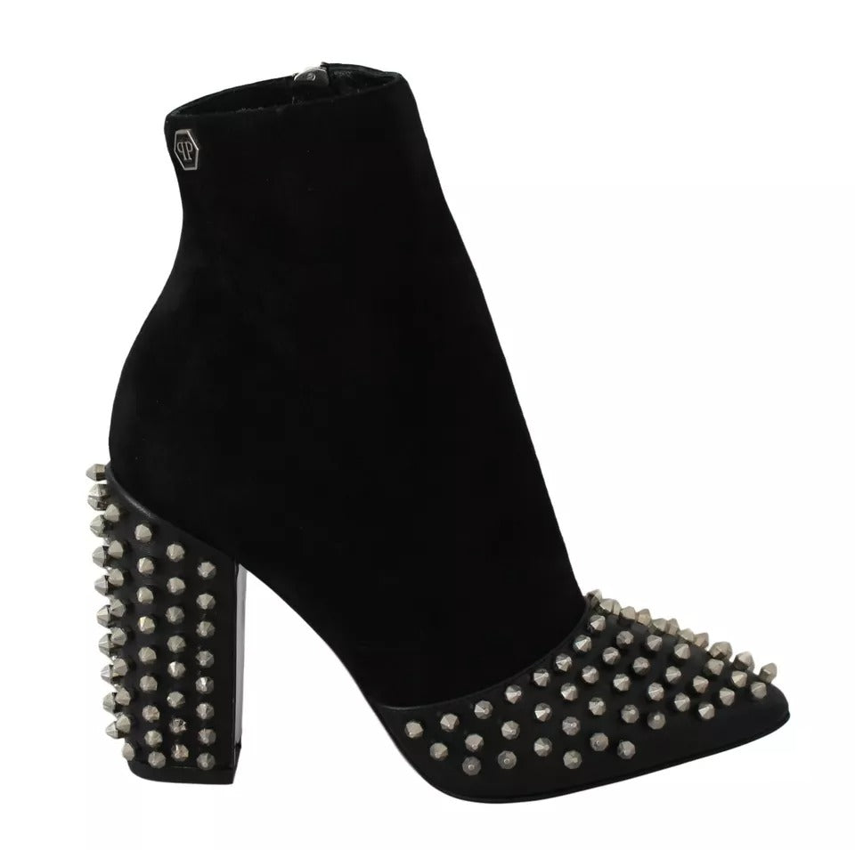 Philipp Plein Black Suede Studded Heels Ankle Boots Shoes-1