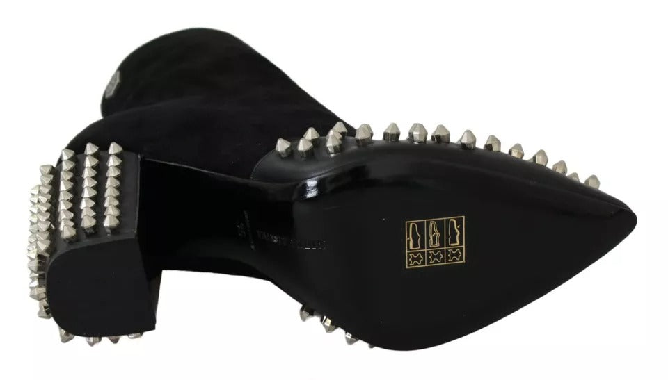 Philipp Plein Black Suede Studded Heels Ankle Boots Shoes-2