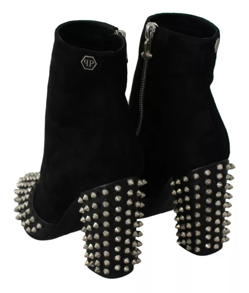 Philipp Plein Black Suede Studded Heels Ankle Boots Shoes-3