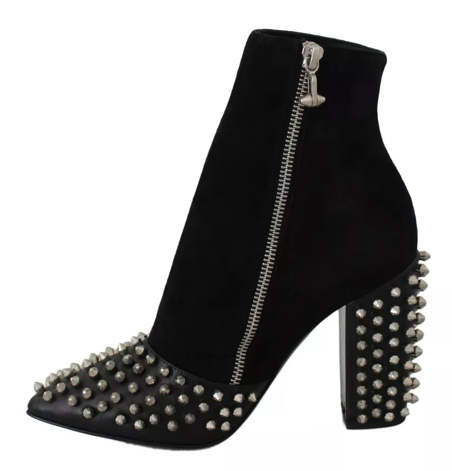 Philipp Plein Black Suede Studded Heels Ankle Boots Shoes-6
