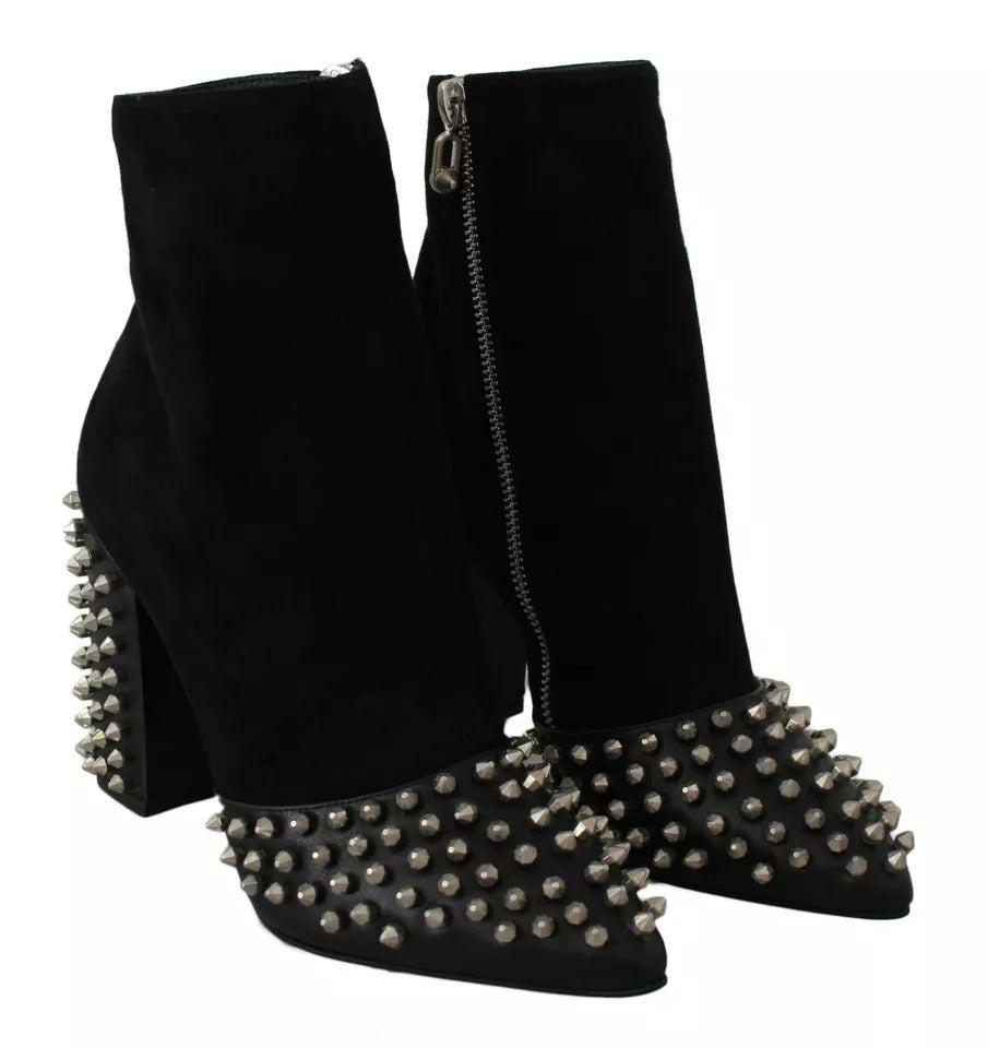 Philipp Plein Black Suede Studded Heels Ankle Boots Shoes-7
