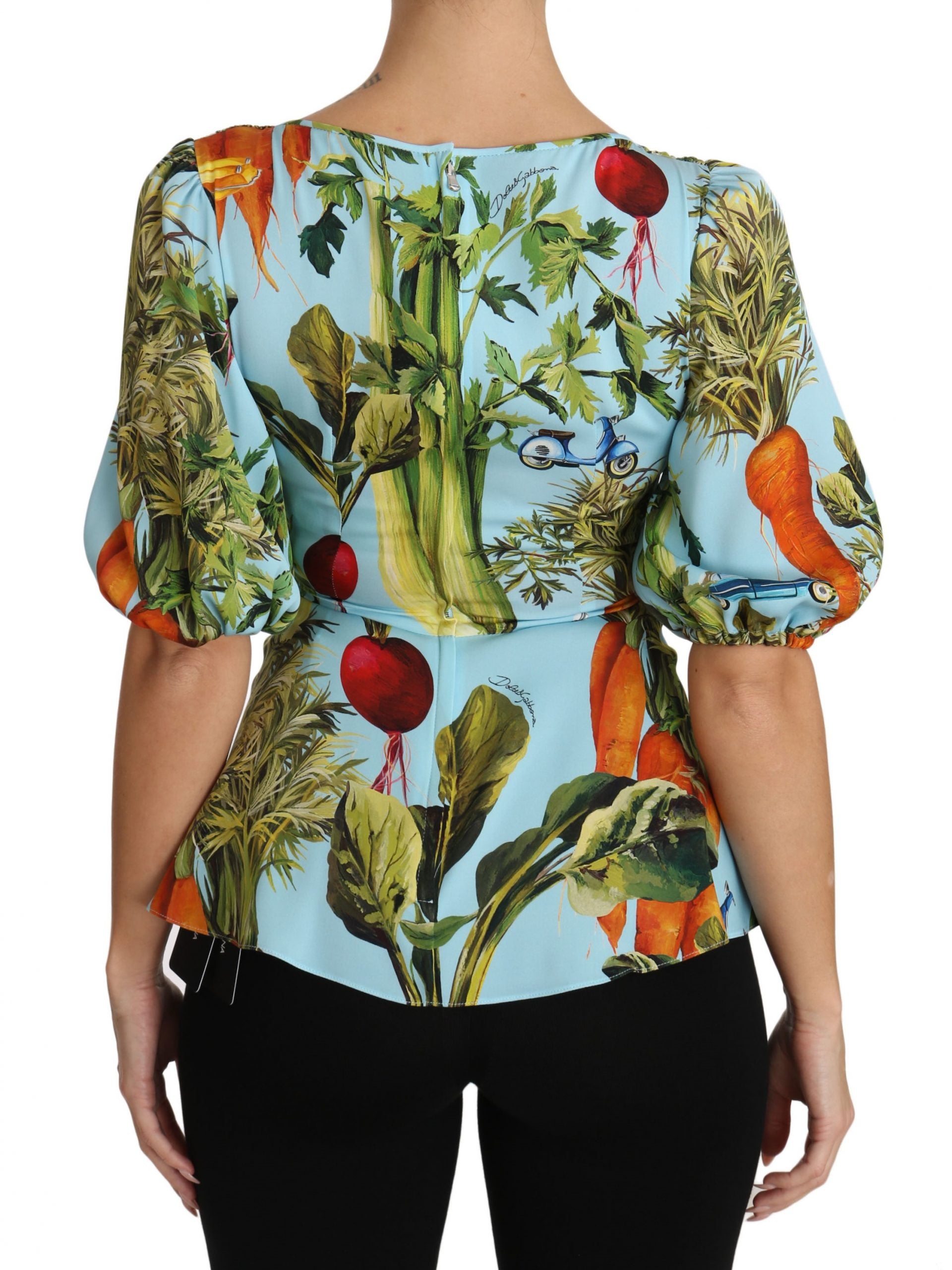 Dolce & Gabbana Multicolored Silk Top with Vegetable Print Peplum Wrap Blouse-3