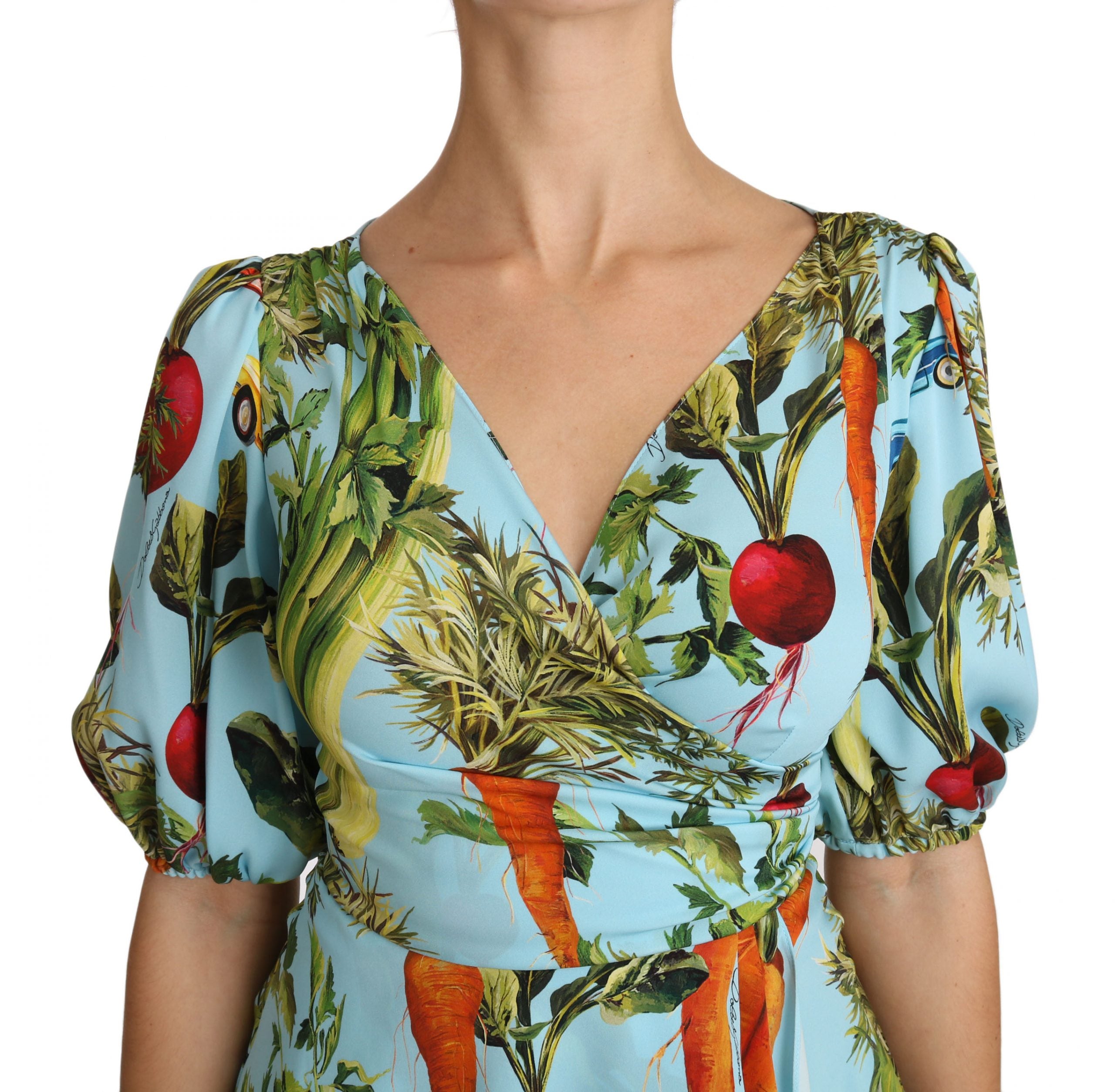 Dolce & Gabbana Multicolored Silk Top with Vegetable Print Peplum Wrap Blouse-4