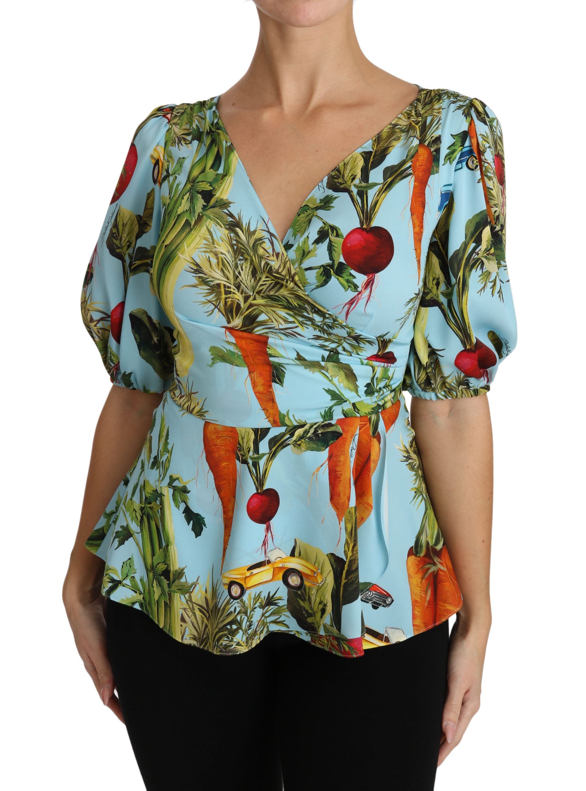 Dolce & Gabbana Multicolored Silk Top with Vegetable Print Peplum Wrap Blouse-5