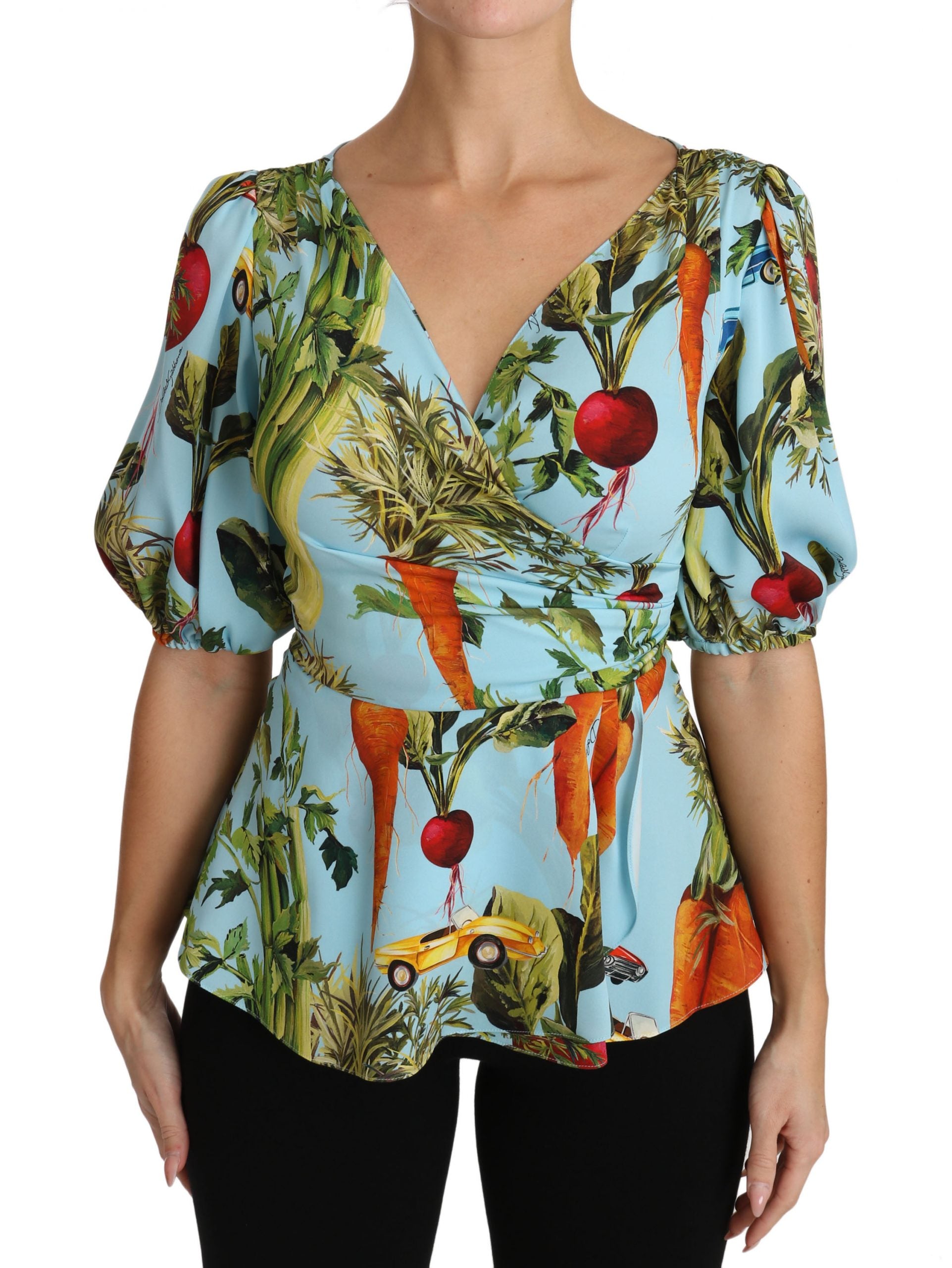 Dolce & Gabbana Multicolored Silk Top with Vegetable Print Peplum Wrap Blouse