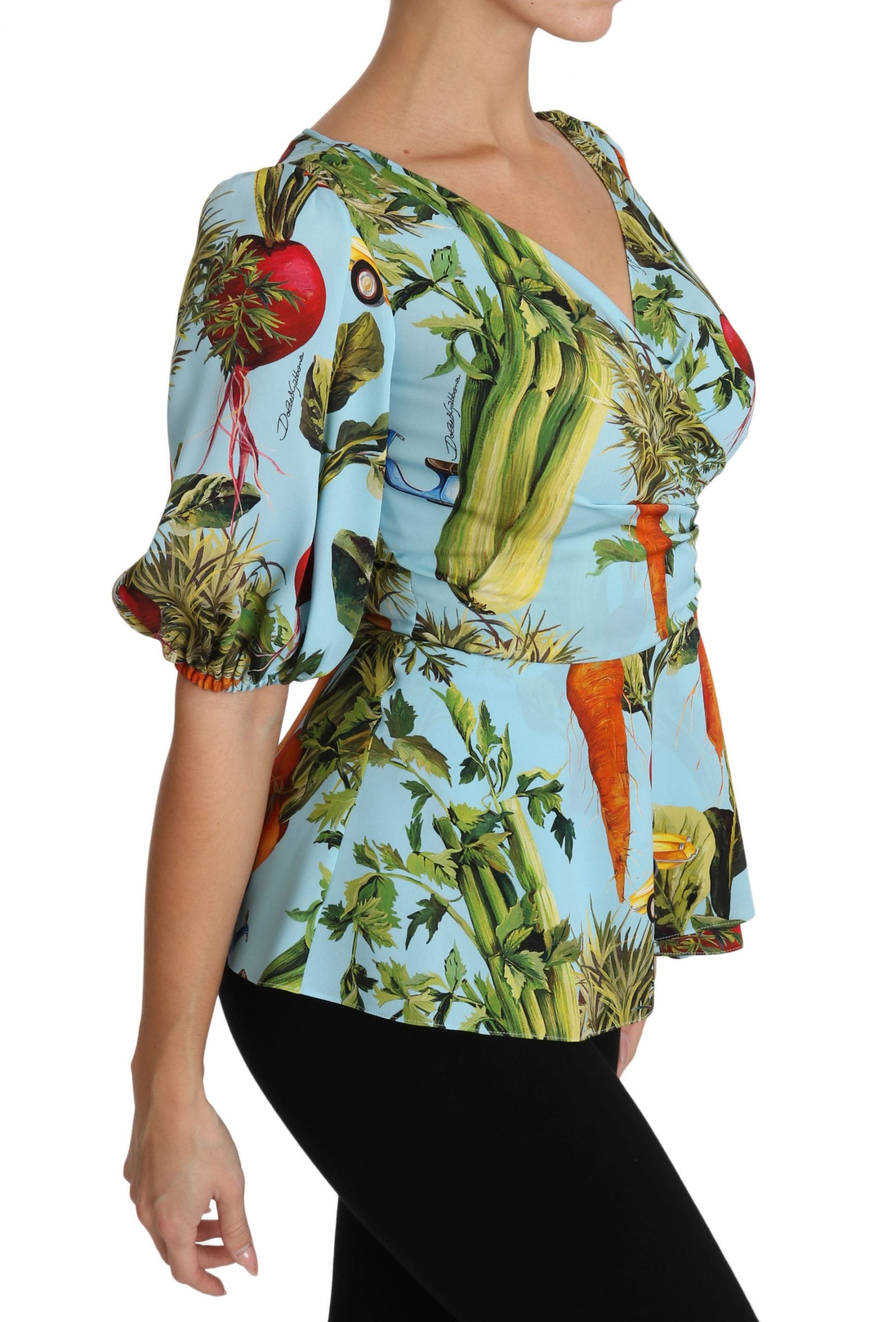 Dolce & Gabbana Multicolored Silk Top with Vegetable Print Peplum Wrap Blouse-6