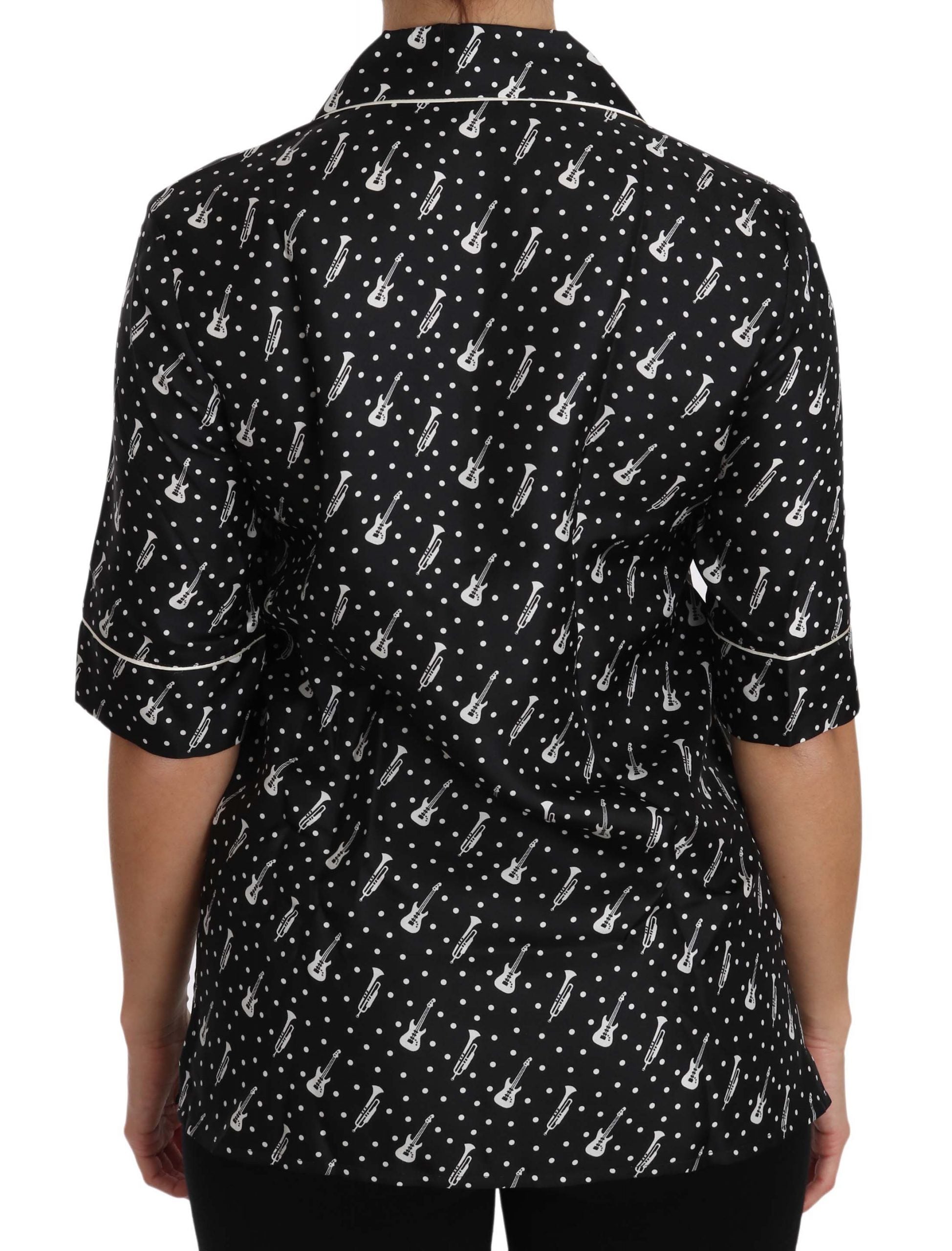 Dolce & Gabbana Schwarzes Seidenhemd mit Gitarren-Trompetendruck-3