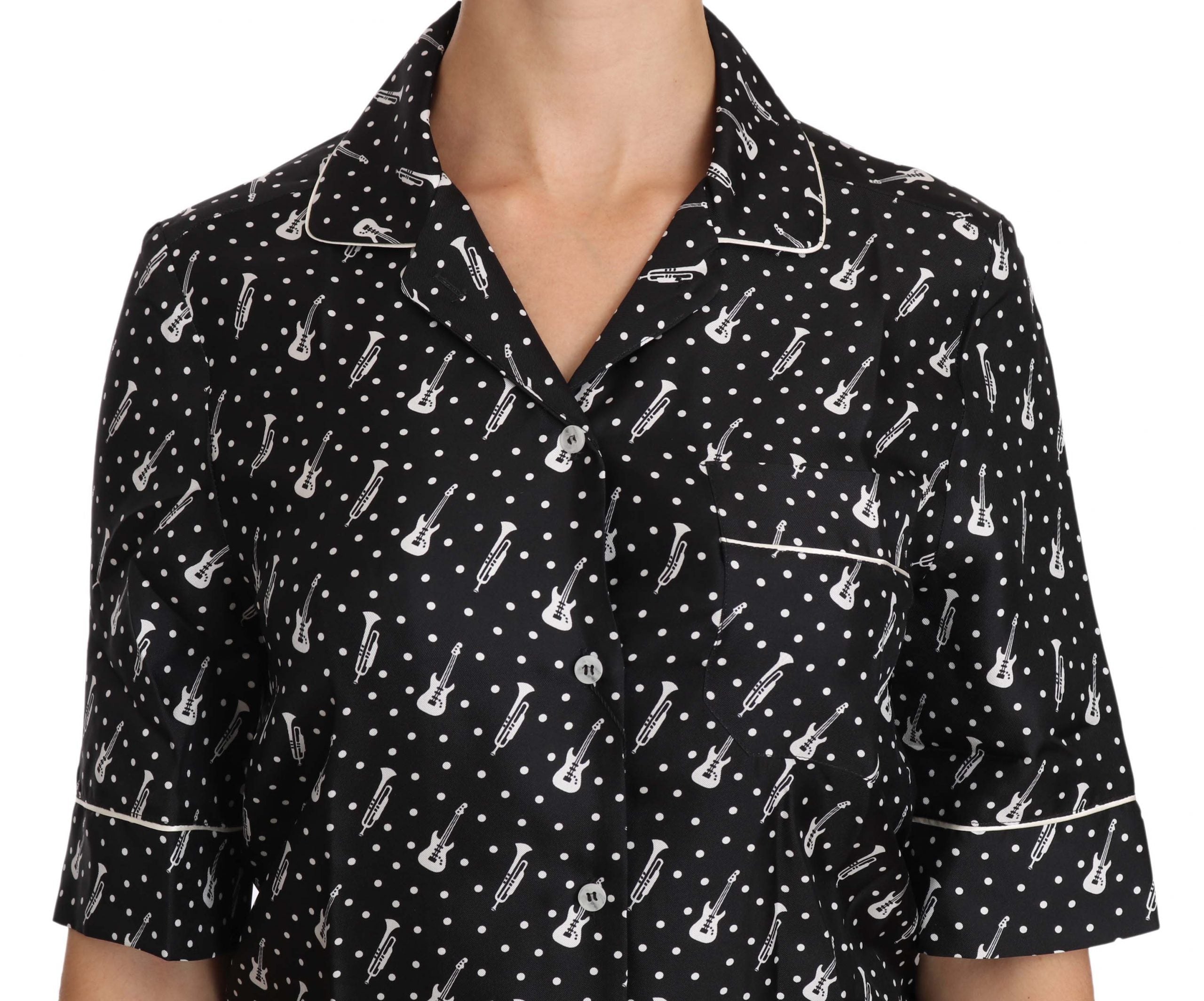 Dolce & Gabbana Schwarzes Seidenhemd mit Gitarren-Trompetendruck-4
