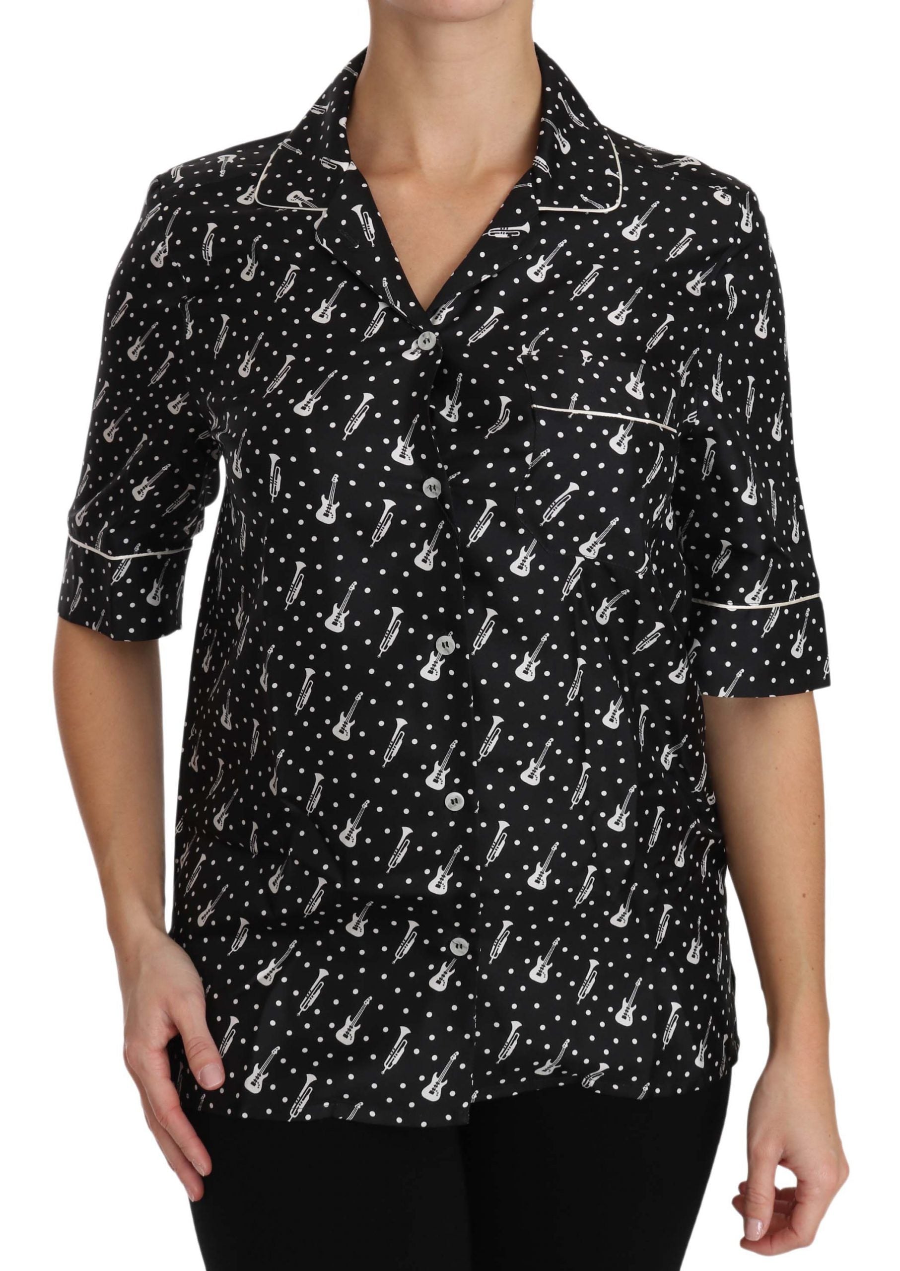 Dolce & Gabbana Schwarzes Seidenhemd mit Gitarren-Trompetendruck-5