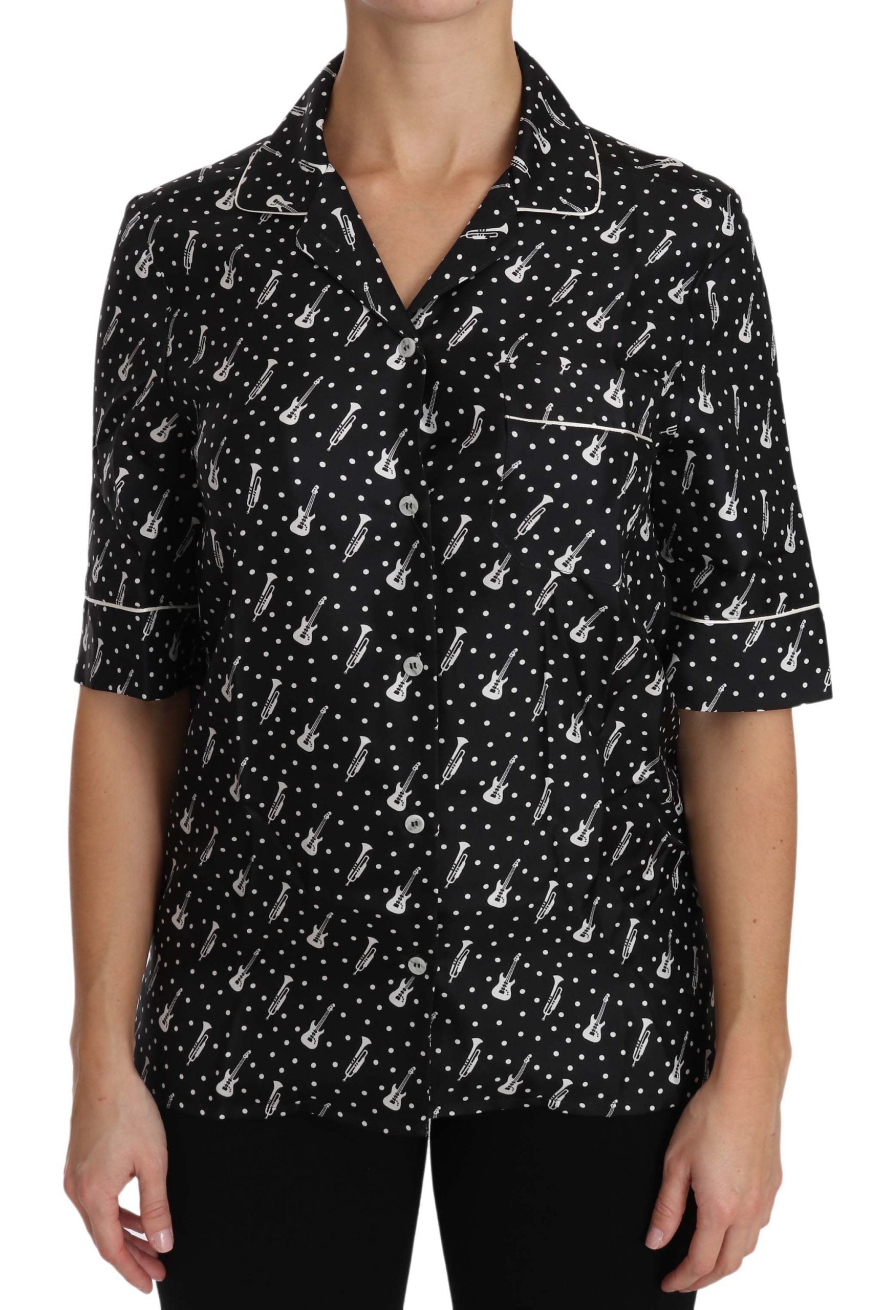 Dolce & Gabbana Schwarzes Seidenhemd mit Gitarren-Trompetendruck-1