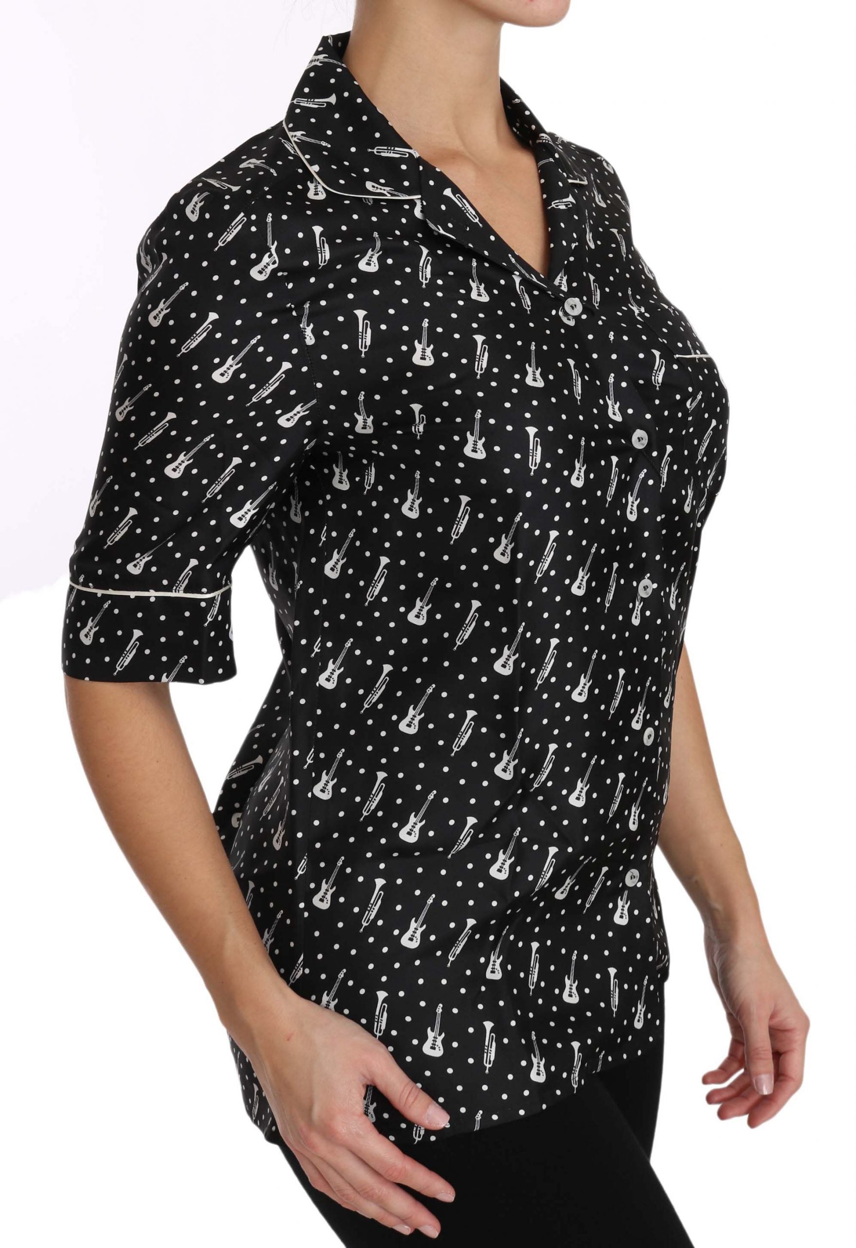 Dolce & Gabbana Schwarzes Seidenhemd mit Gitarren-Trompetendruck-6