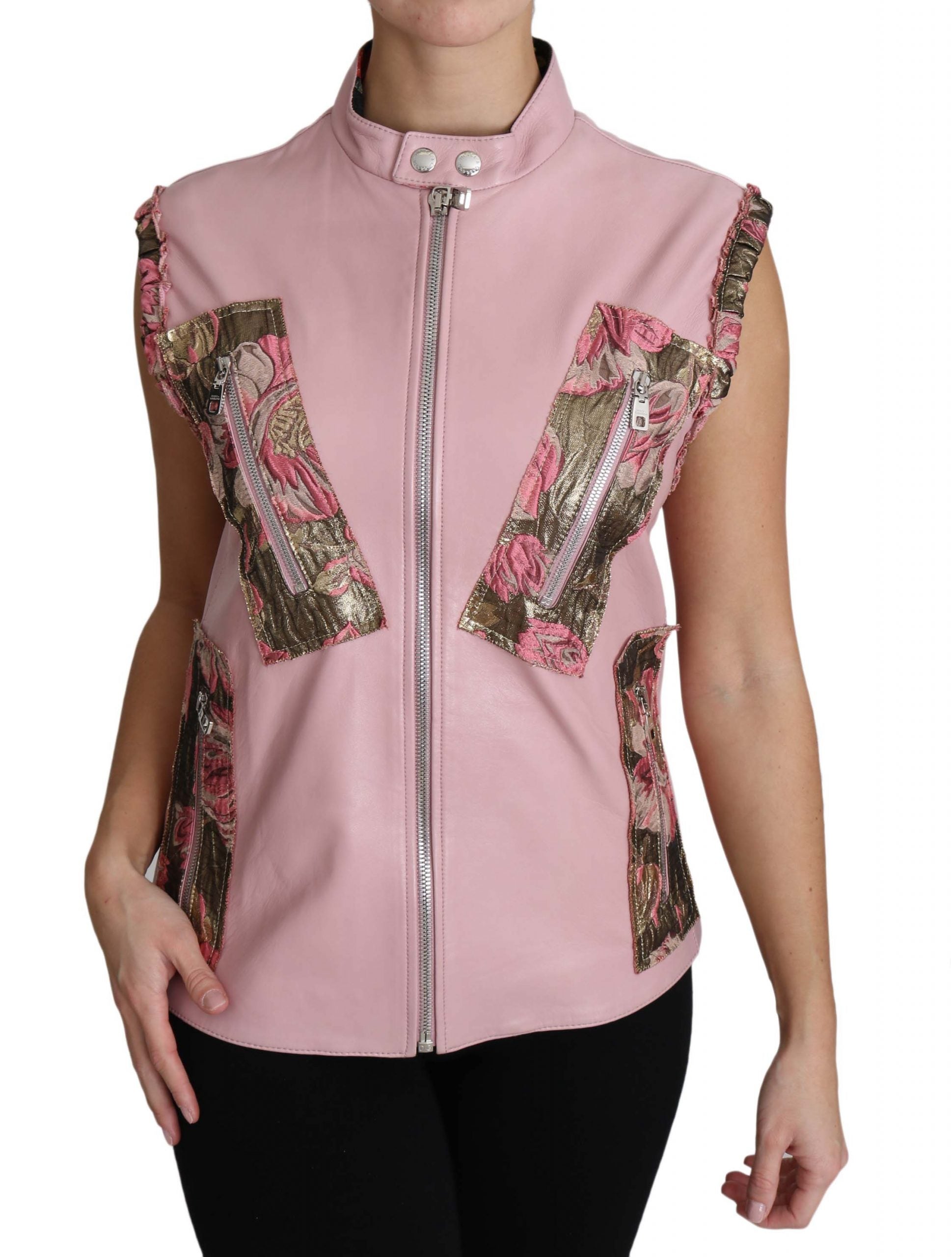 Dolce & Gabbana Rosa ärmellose Weste mit Reißverschluss aus Lammleder-4