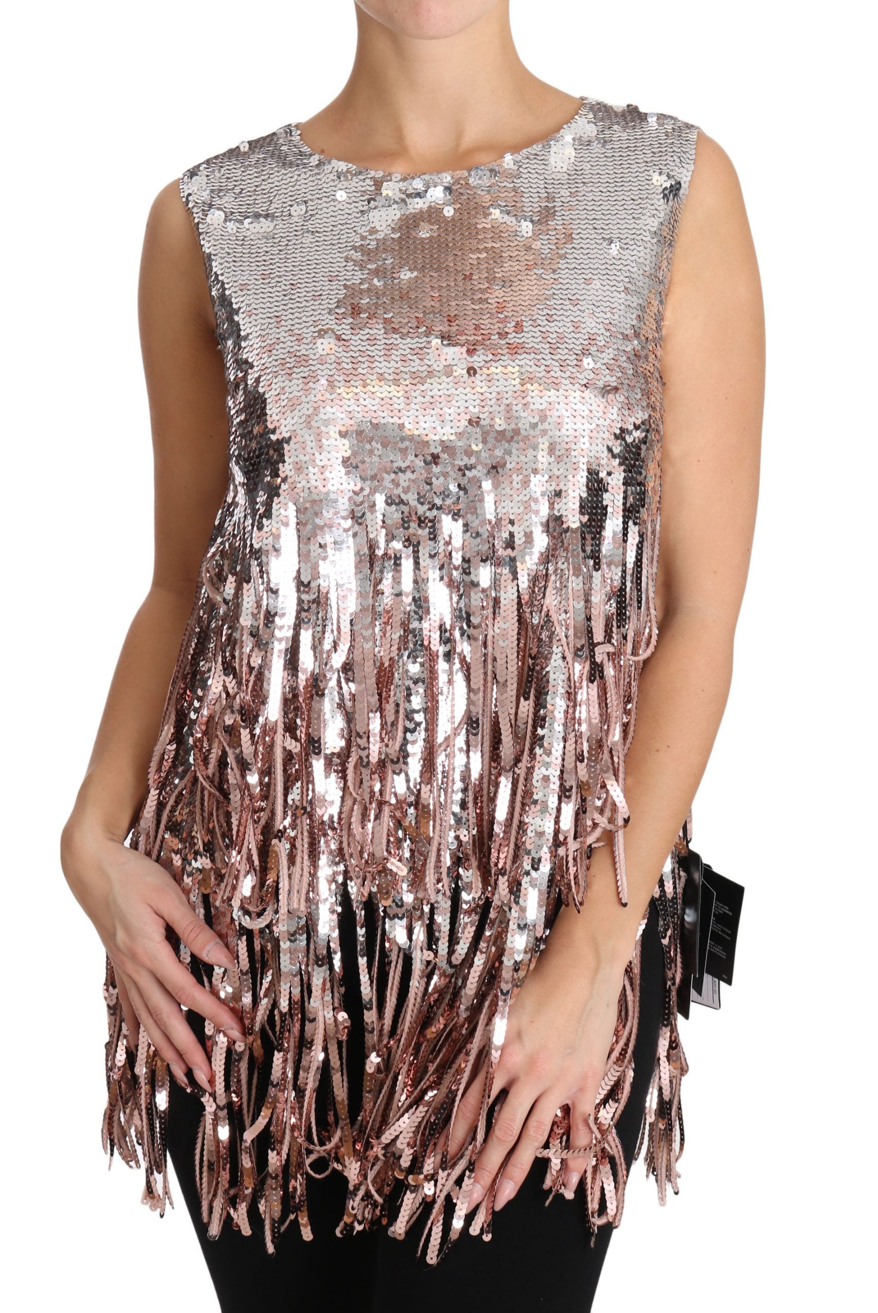 Dolce & Gabbana Gold Pink Sequin Fringe Tank Top-4