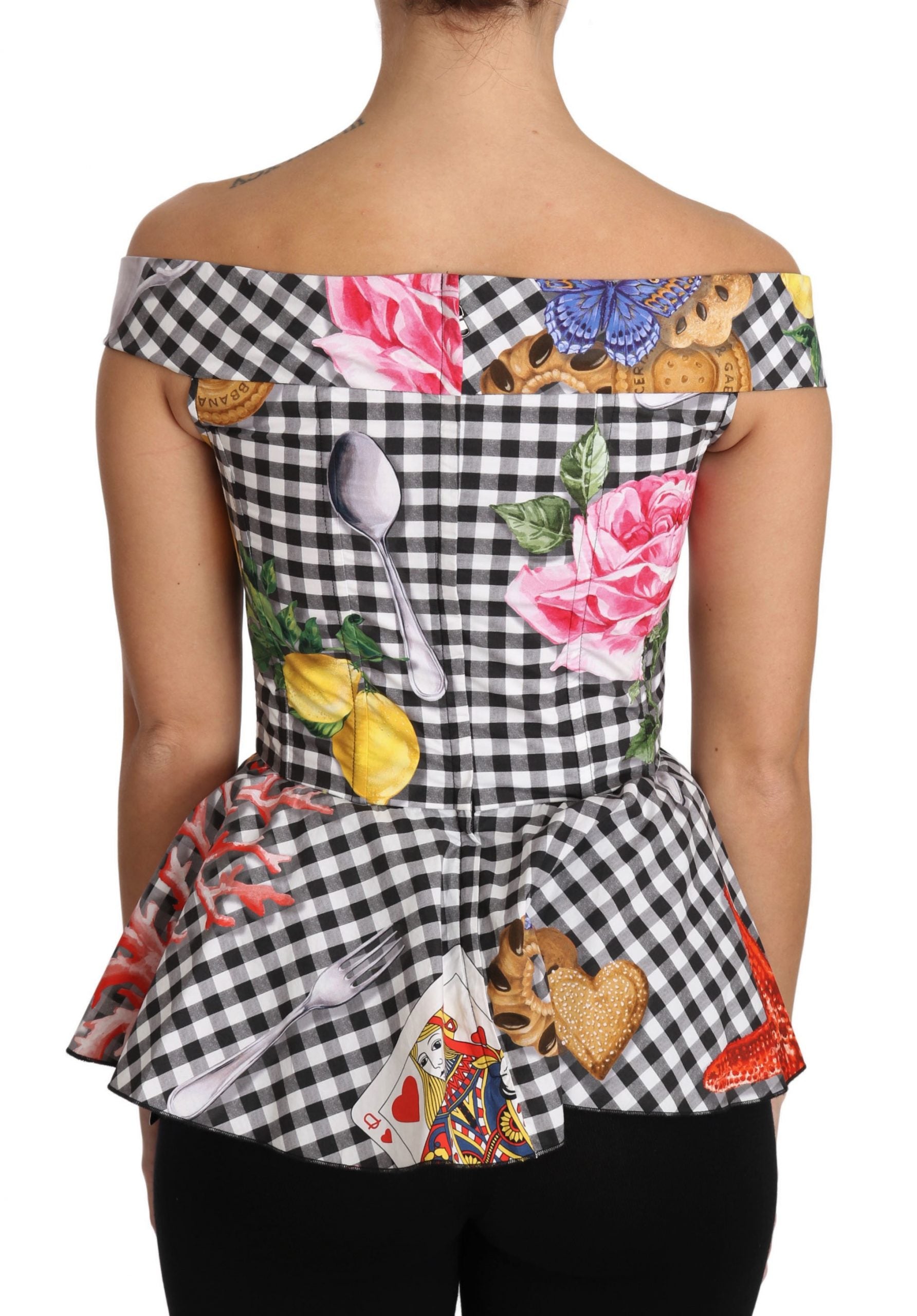 Dolce & Gabbana Black and White Corset Blouse Sicily Lemon Check Top-2