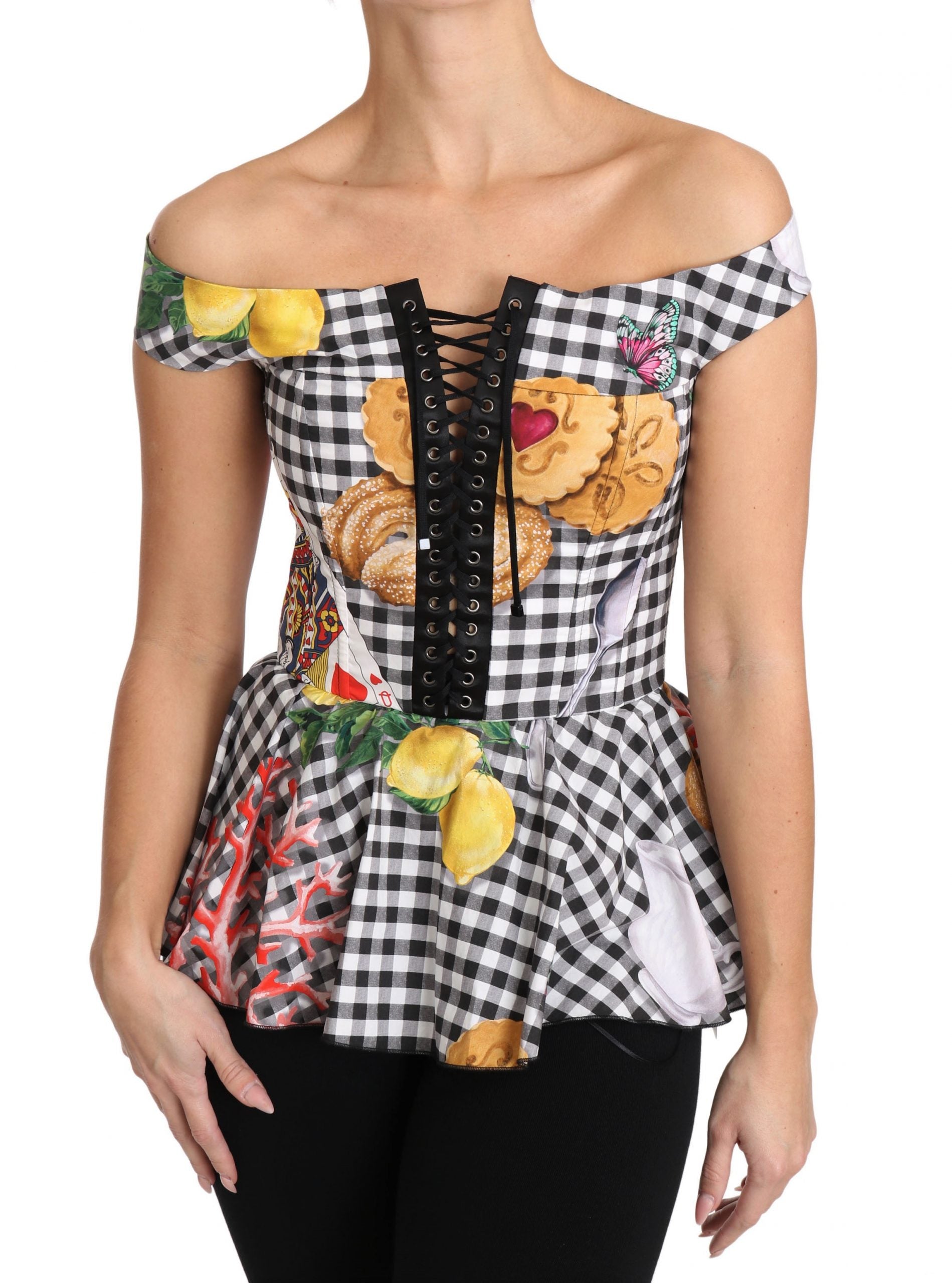 Dolce & Gabbana Black and White Corset Blouse Sicily Lemon Check Top-4