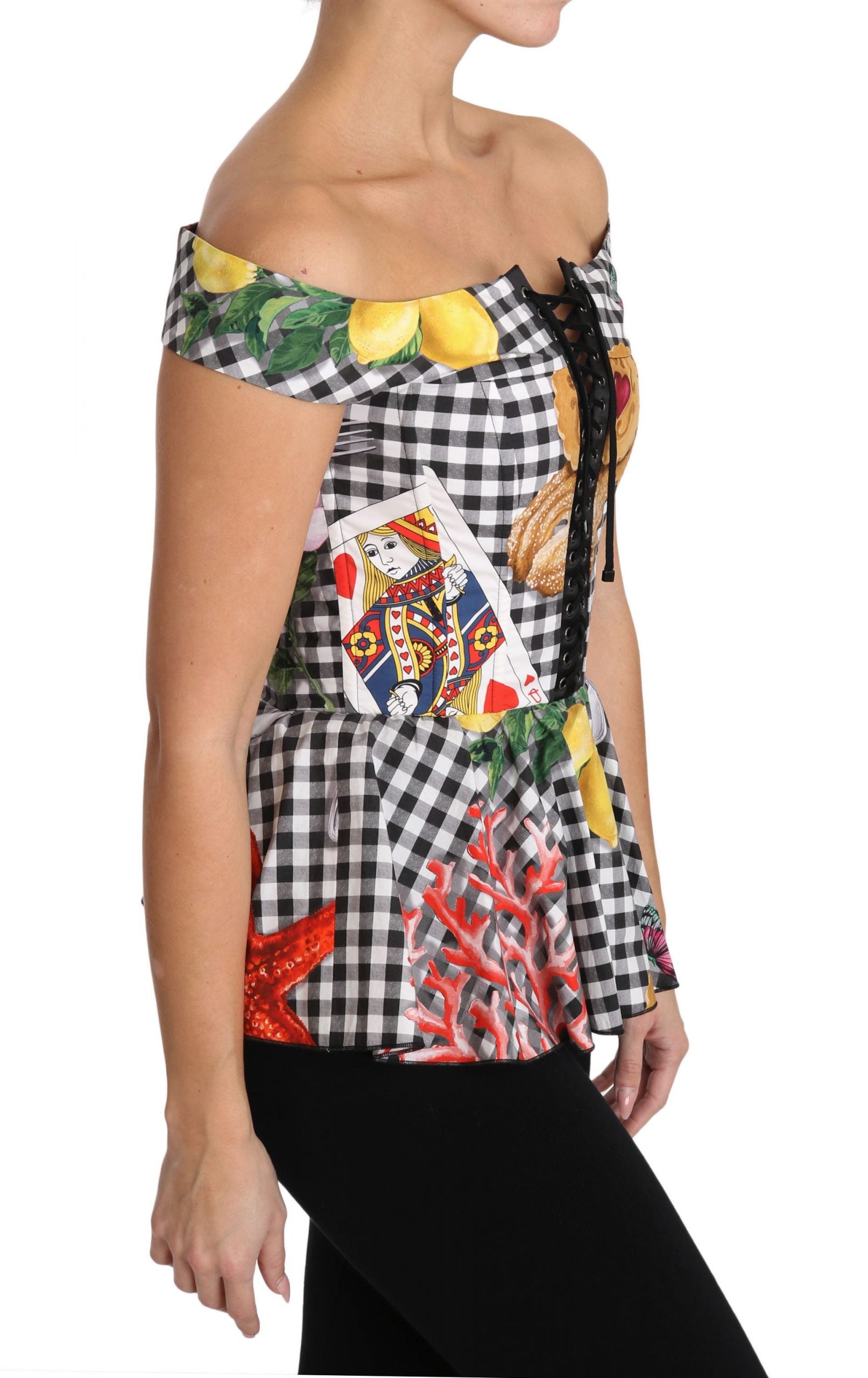 Dolce & Gabbana Black and White Corset Blouse Sicily Lemon Check Top-5