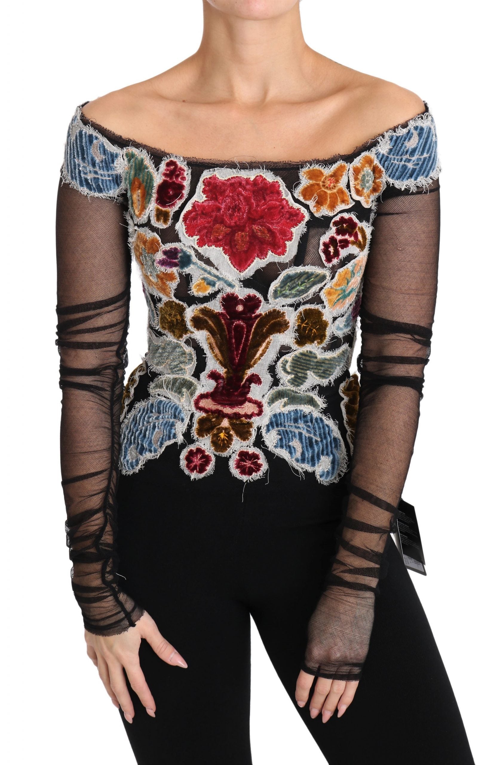 Dolce & Gabbana Black Floral Ricamo Top T-Shirt Blouse-3
